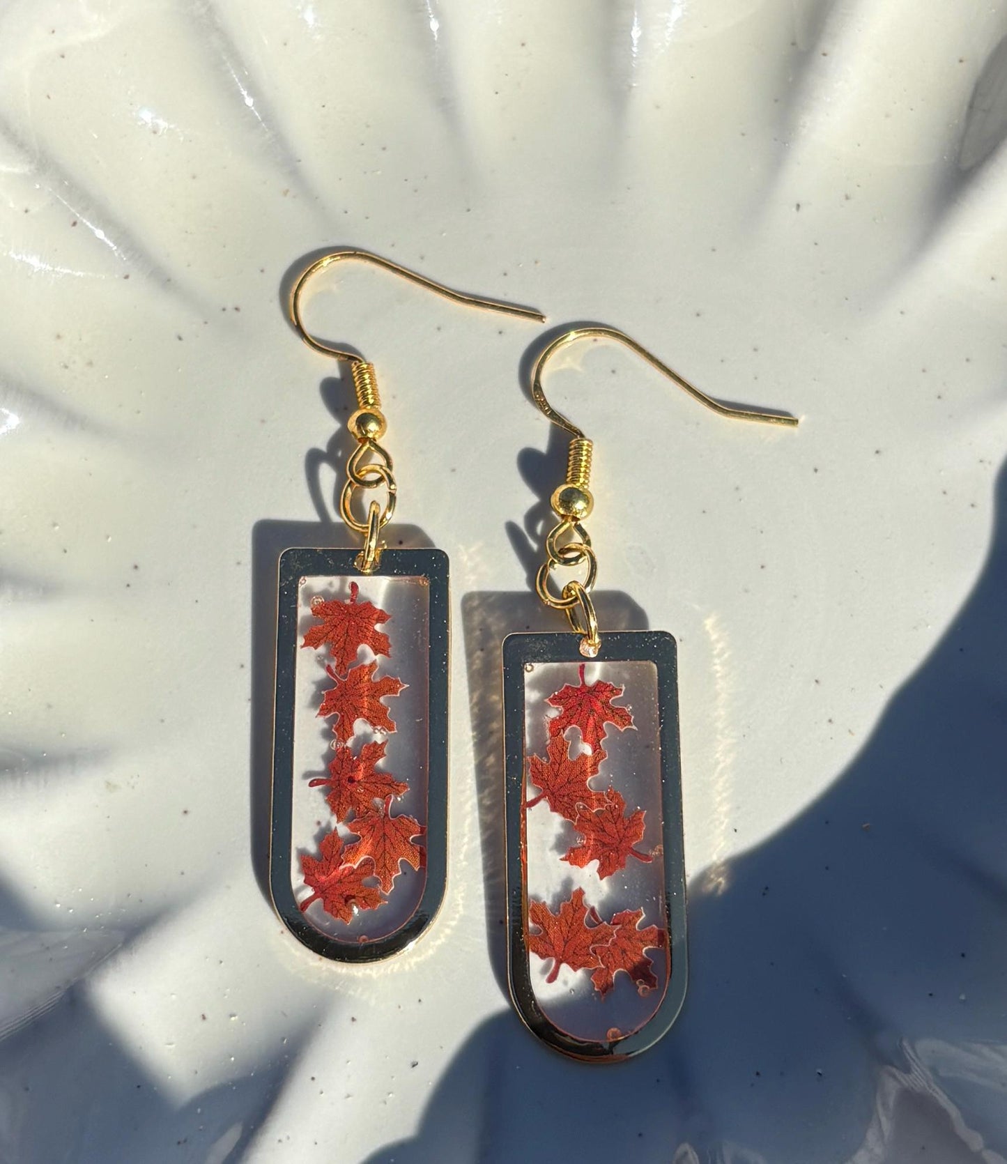 Gold Fall Dangle Earrings | Orange Red Brown Leaves Arched Frame Earrings Consecrated Jewelry Co.