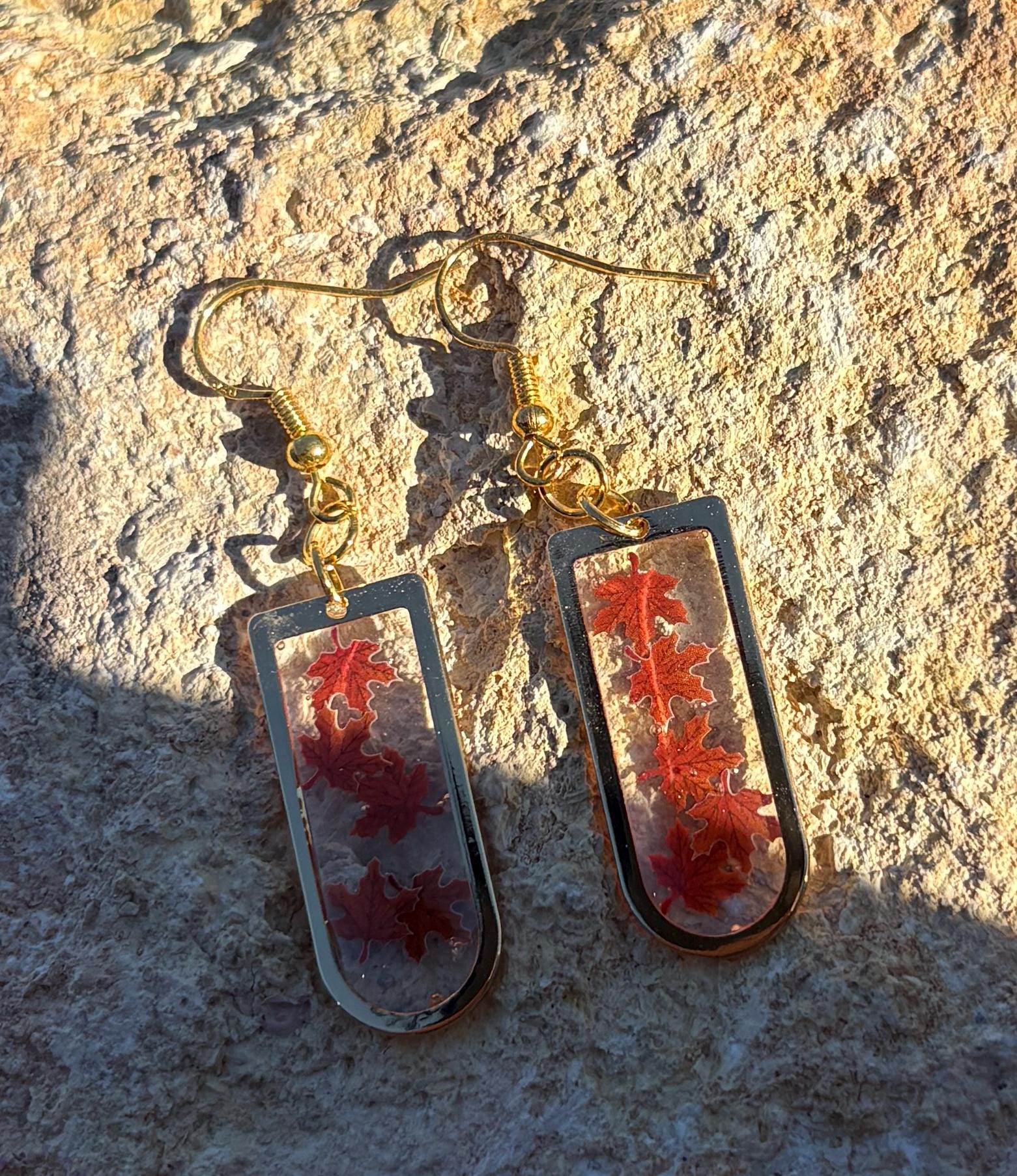 Gold Fall Dangle Earrings | Orange Red Brown Leaves Arched Frame Earrings Consecrated Jewelry Co.