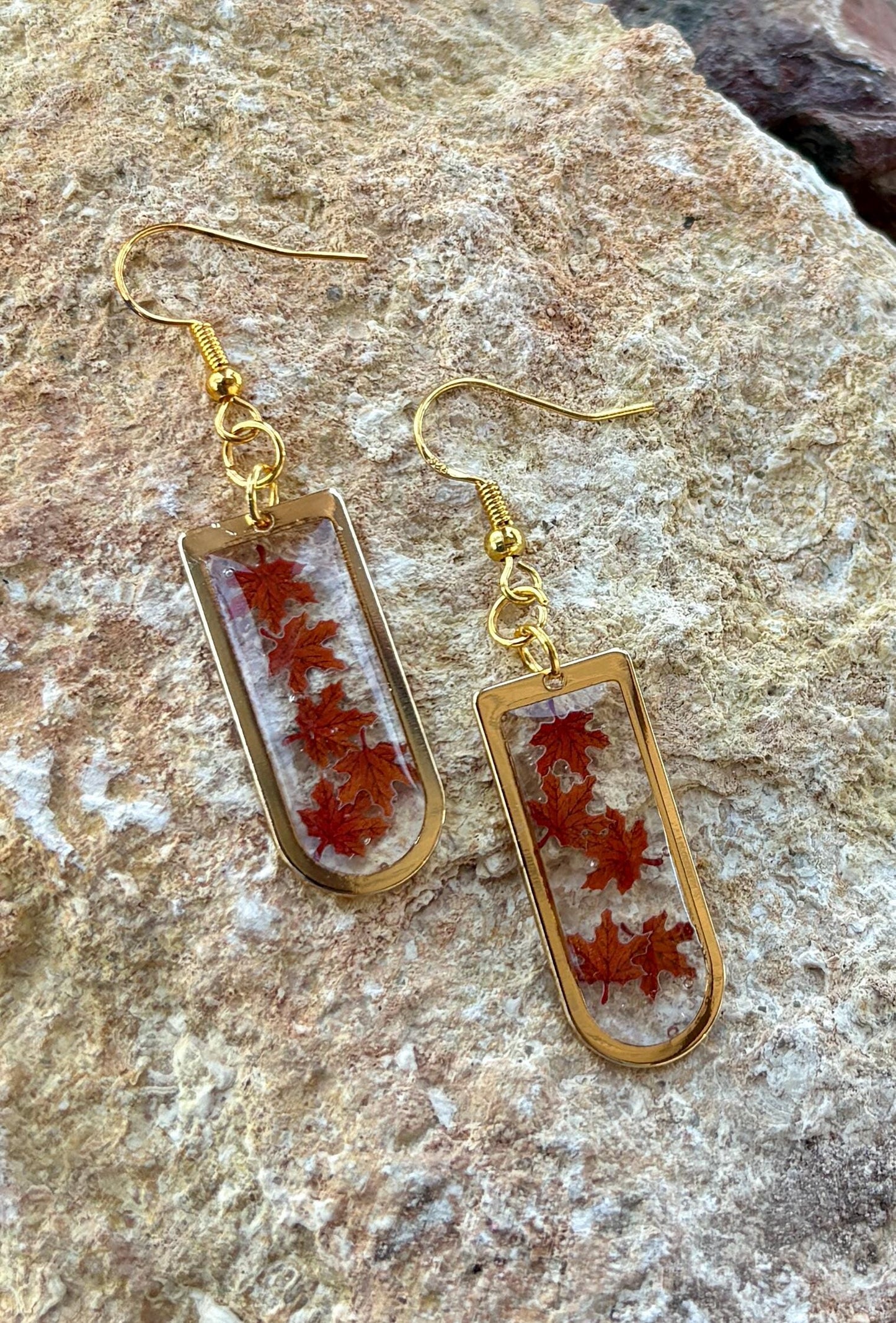 Gold Fall Dangle Earrings | Orange Red Brown Leaves Arched Frame Earrings Consecrated Jewelry Co.