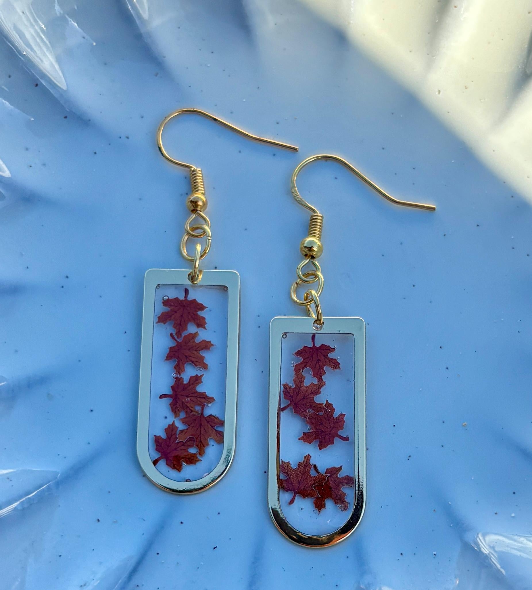 Gold Fall Dangle Earrings | Orange Red Brown Leaves Arched Frame Earrings Consecrated Jewelry Co.