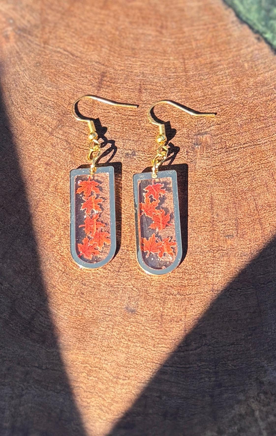 Gold Fall Dangle Earrings | Orange Red Brown Leaves Arched Frame Earrings Consecrated Jewelry Co.