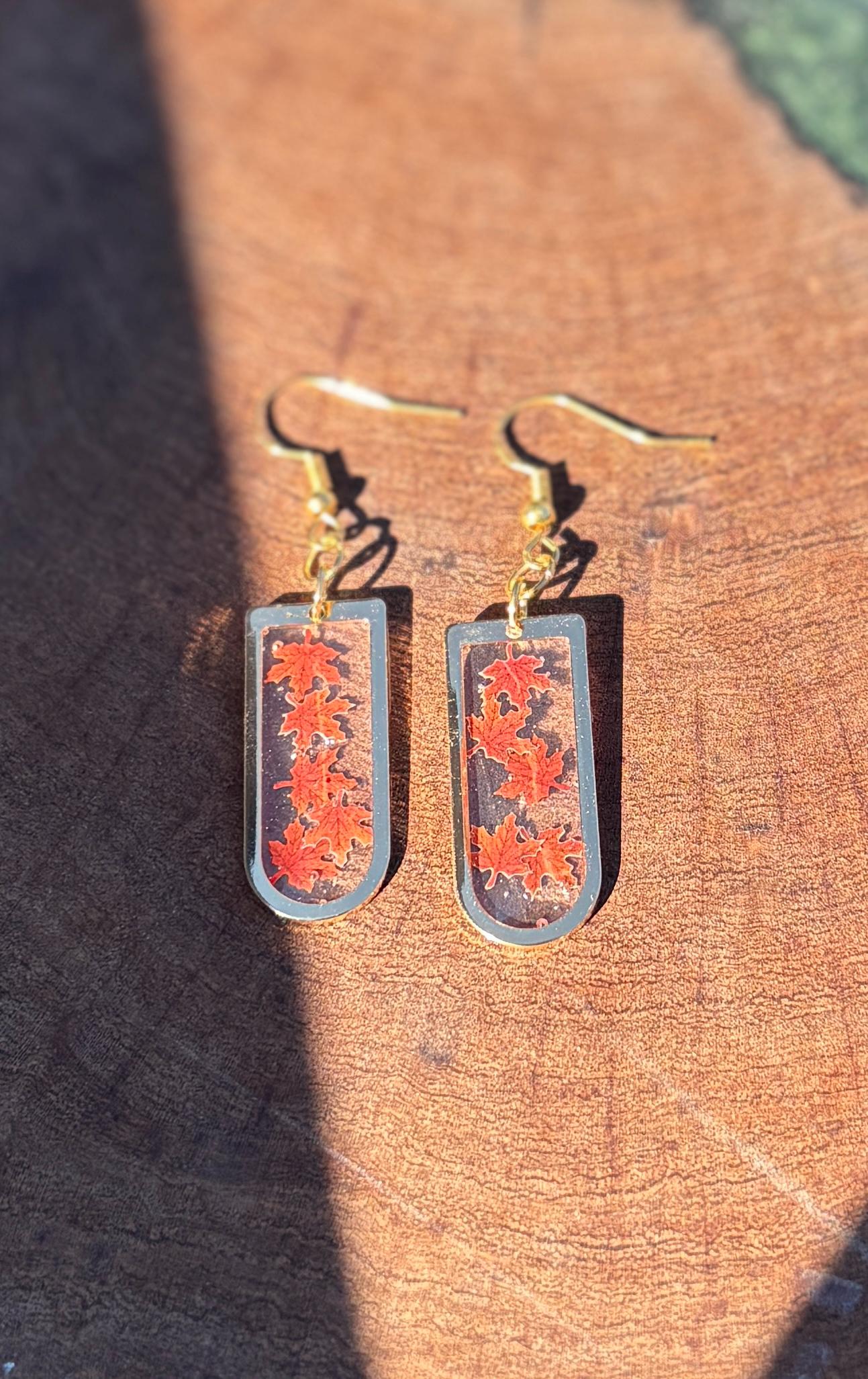 Gold Fall Dangle Earrings | Orange Red Brown Leaves Arched Frame Earrings Consecrated Jewelry Co.