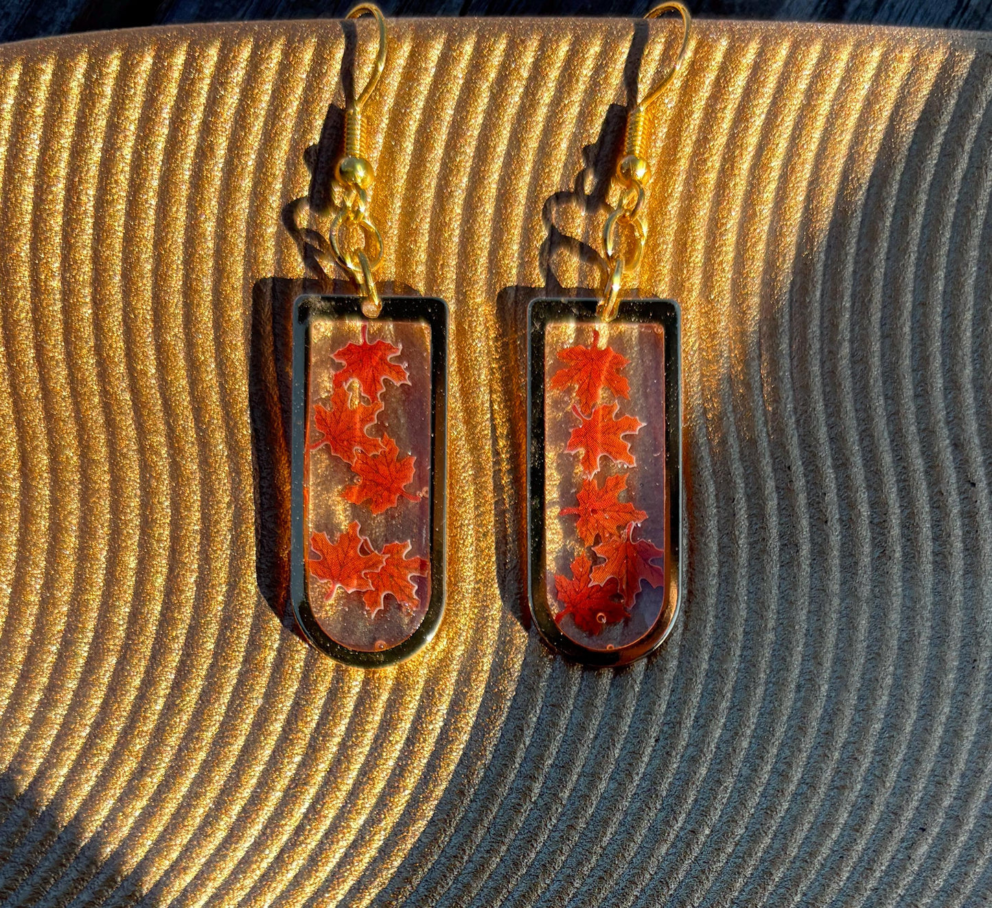 Gold Fall Dangle Earrings | Orange Red Brown Leaves Arched Frame Earrings Consecrated Jewelry Co.