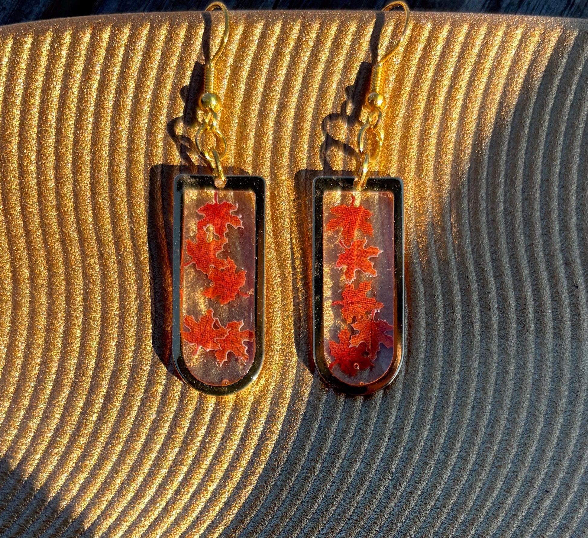 Gold Fall Dangle Earrings | Orange Red Brown Leaves Arched Frame Earrings Consecrated Jewelry Co.