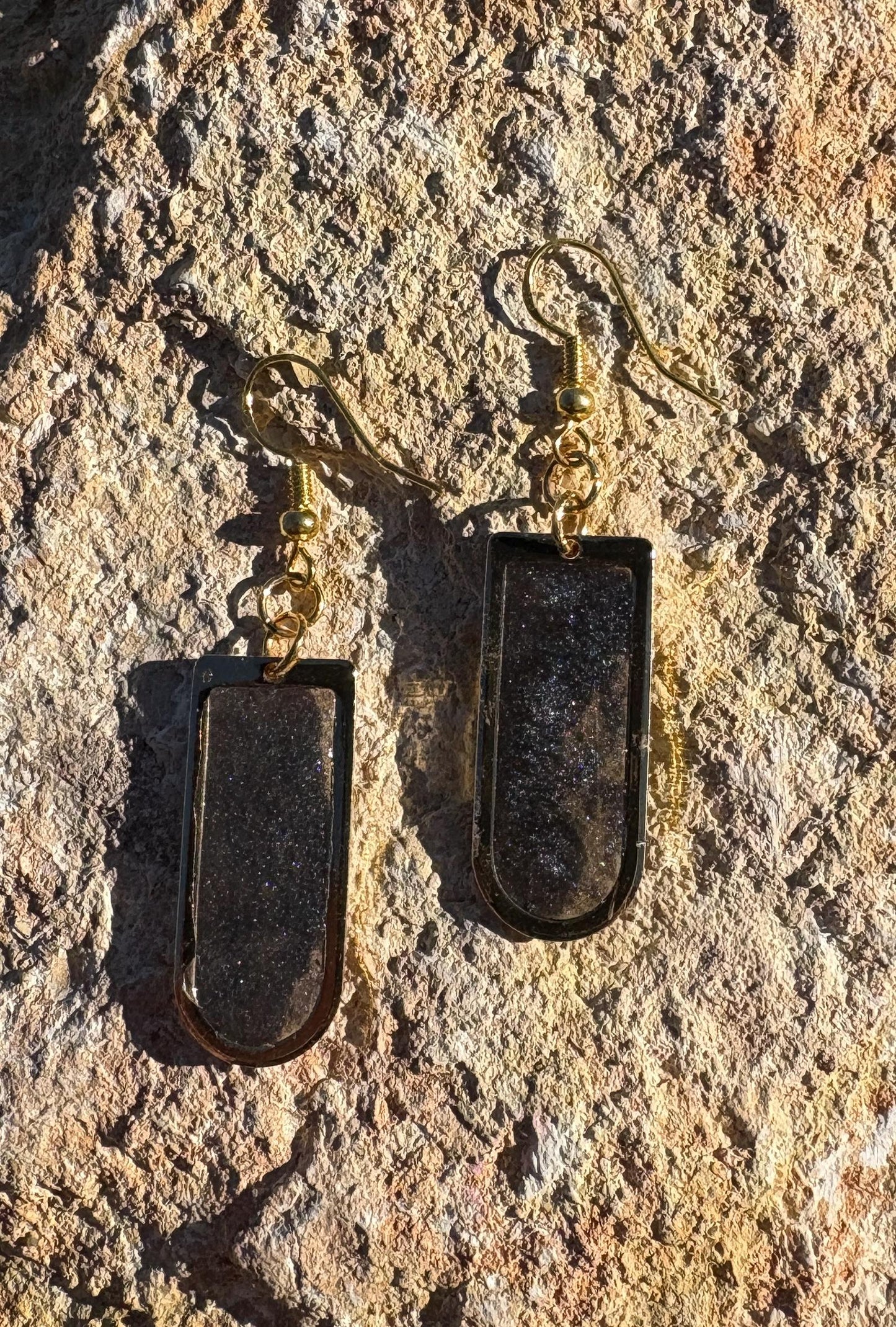 Gold Arch Dangle Earrings | Midnight Blue Sparkle Earrings Consecrated Jewelry Co.
