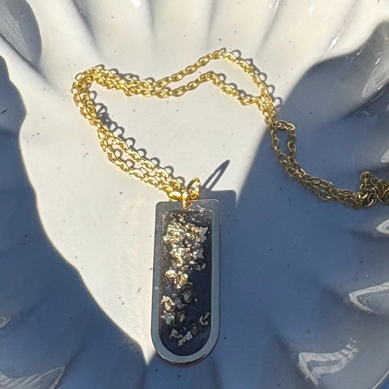 Blue Resin Necklace | Gold Flake Arched Pendant Gold Chain Necklaces Consecrated Jewelry Co.