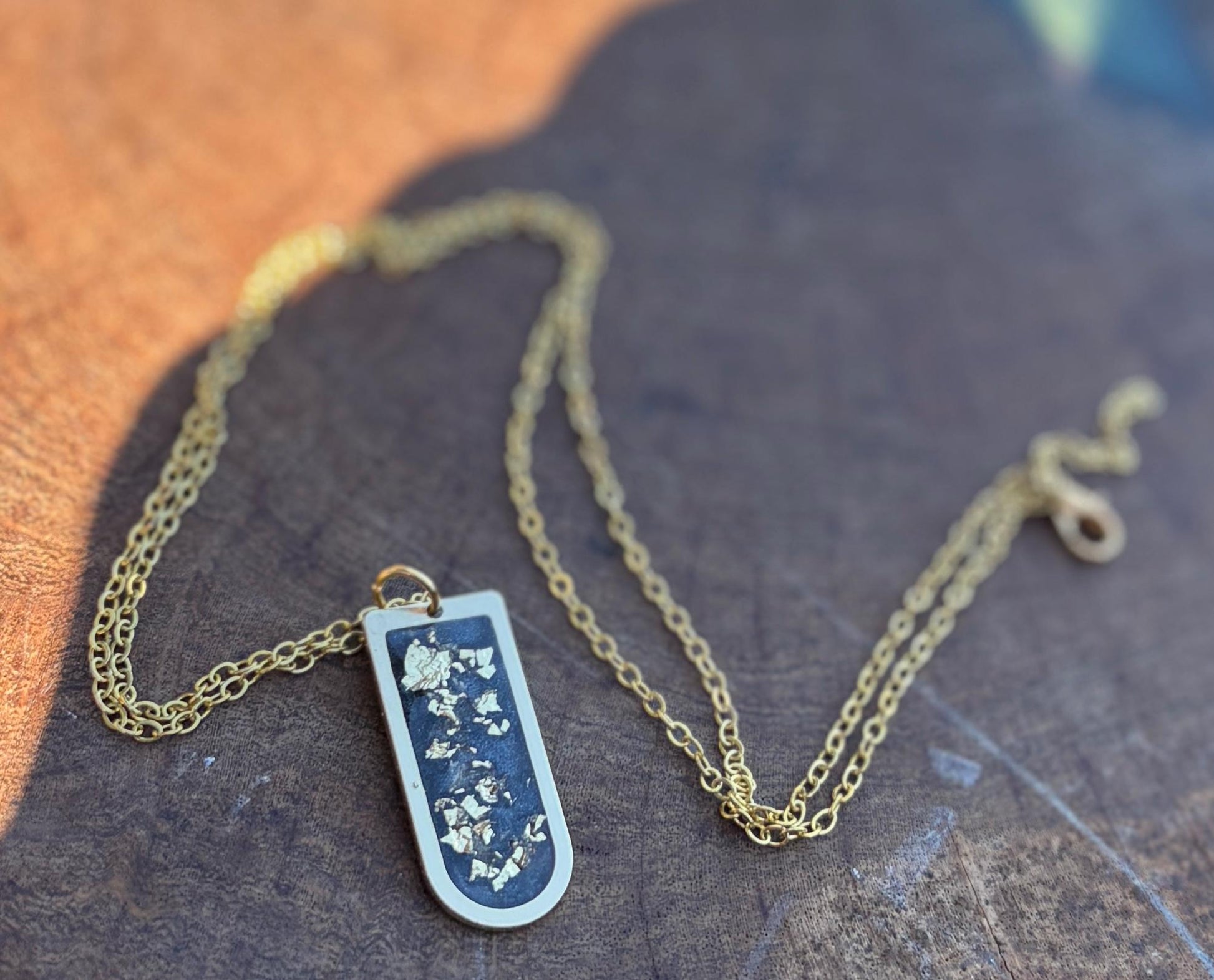 Blue Resin Necklace | Gold Flake Arched Pendant Gold Chain Necklaces Consecrated Jewelry Co.