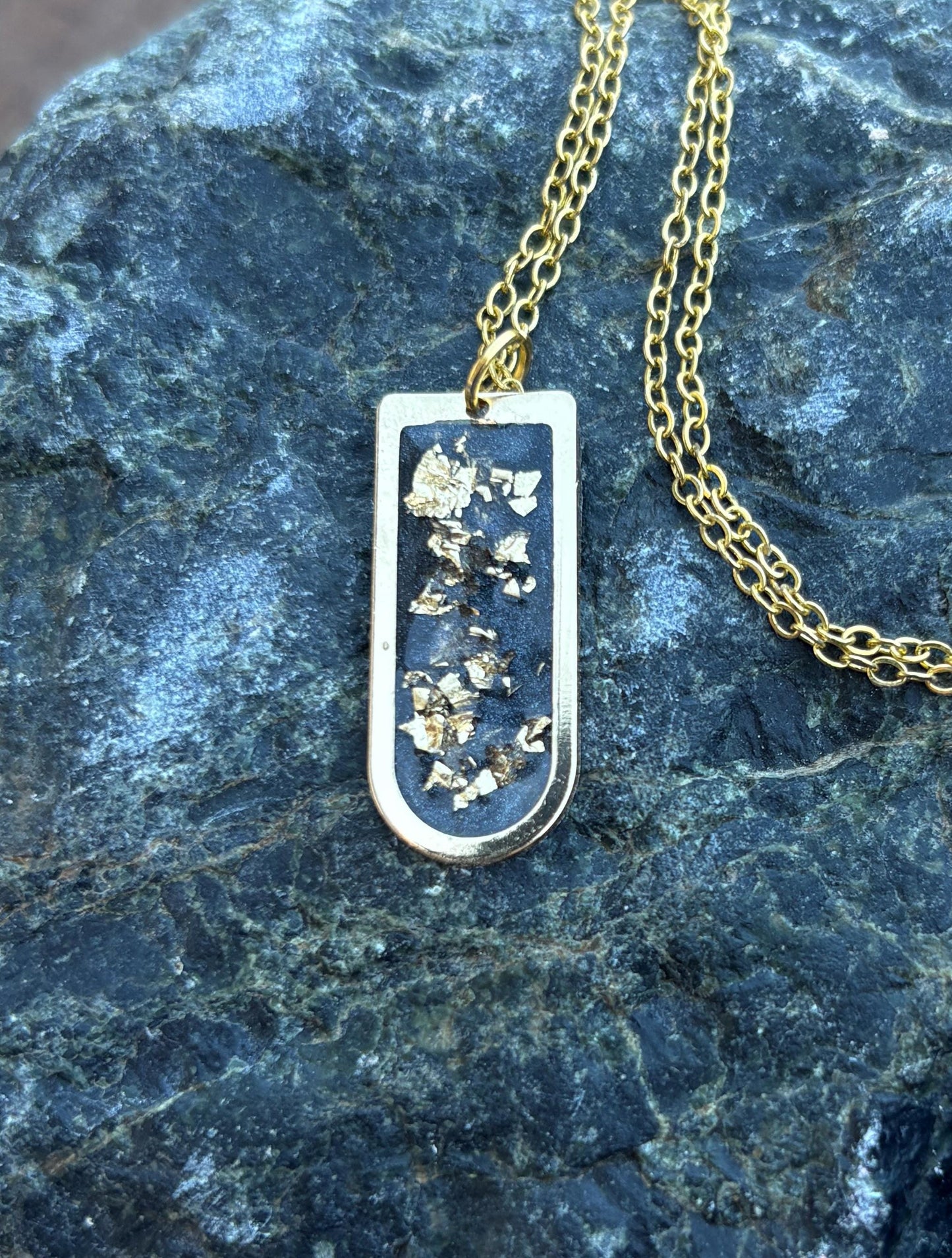 Blue Resin Necklace | Gold Flake Arched Pendant Gold Chain Necklaces Consecrated Jewelry Co.