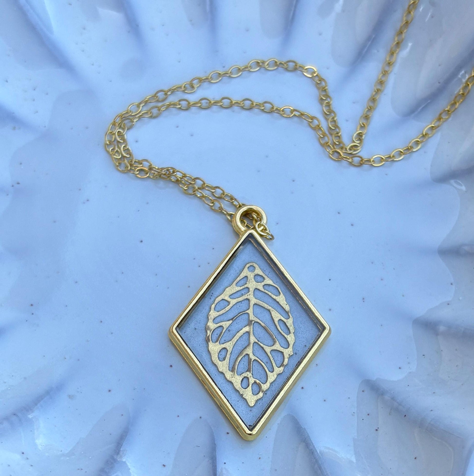 Gold Leaf Pendant Necklace | Diamond Frame Clear Resin Golden Charm Necklaces Consecrated Jewelry Co.