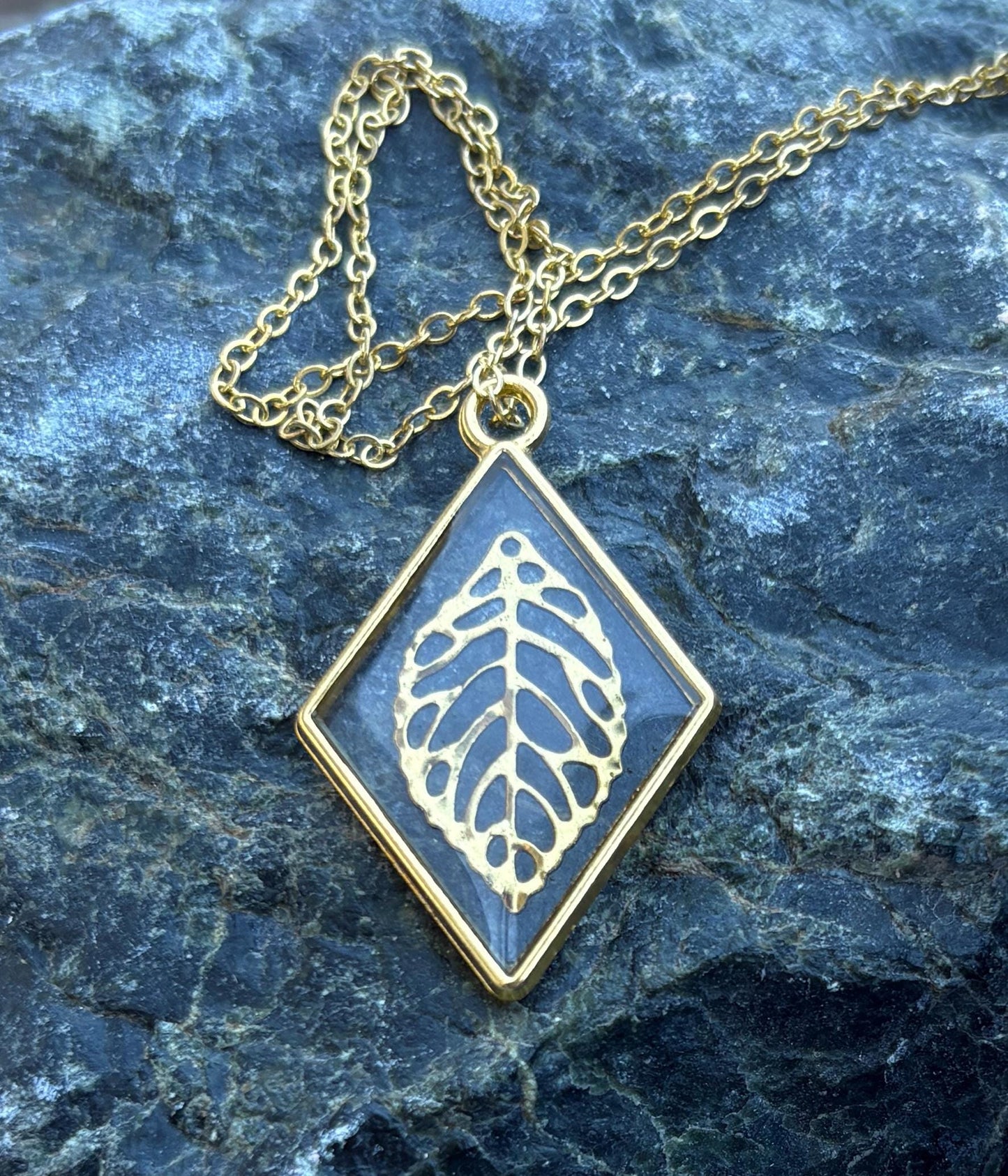 Gold Leaf Pendant Necklace | Diamond Frame Clear Resin Golden Charm Necklaces Consecrated Jewelry Co.