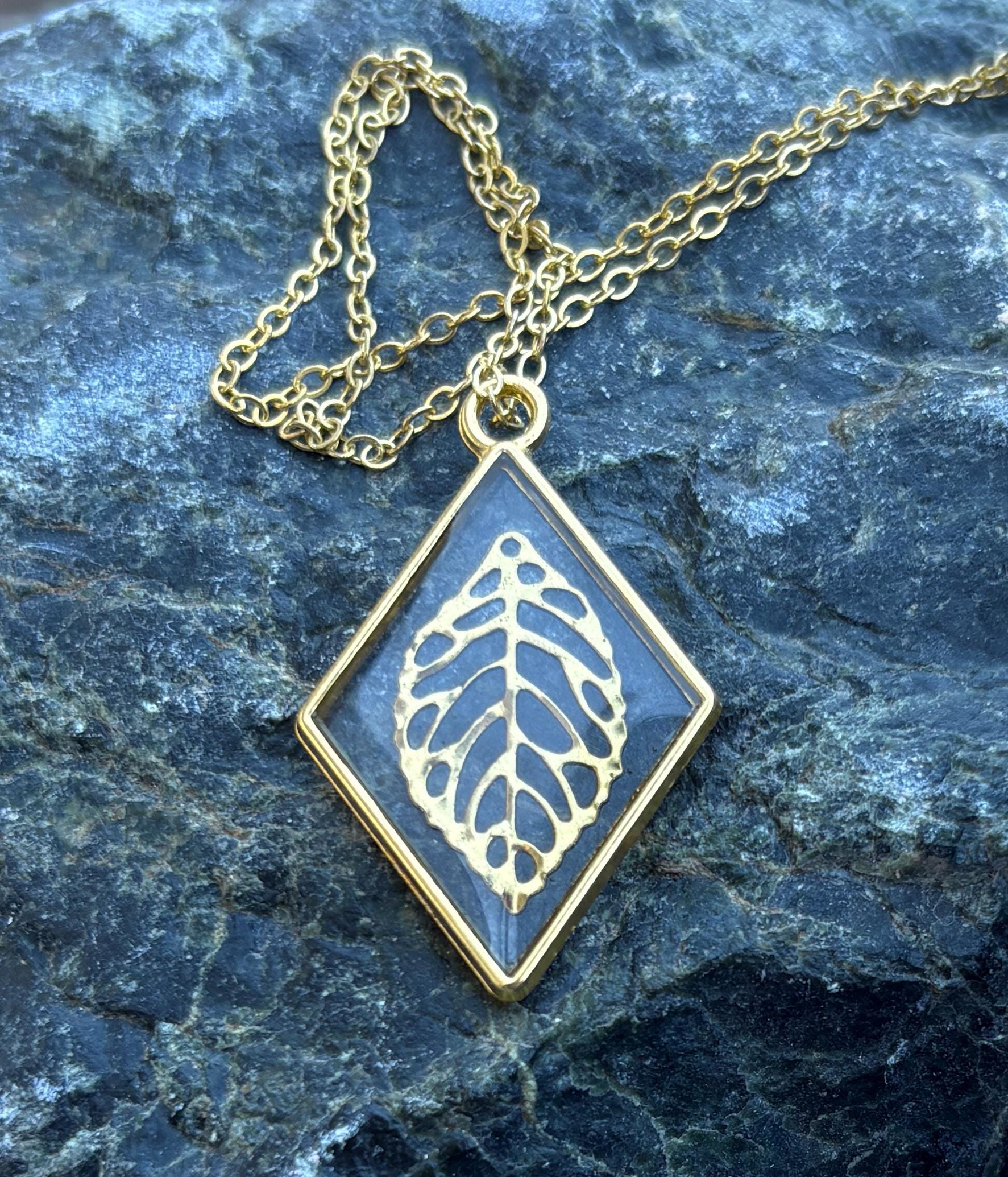 Gold Leaf Pendant Necklace | Diamond Frame Clear Resin Golden Charm Necklaces Consecrated Jewelry Co.