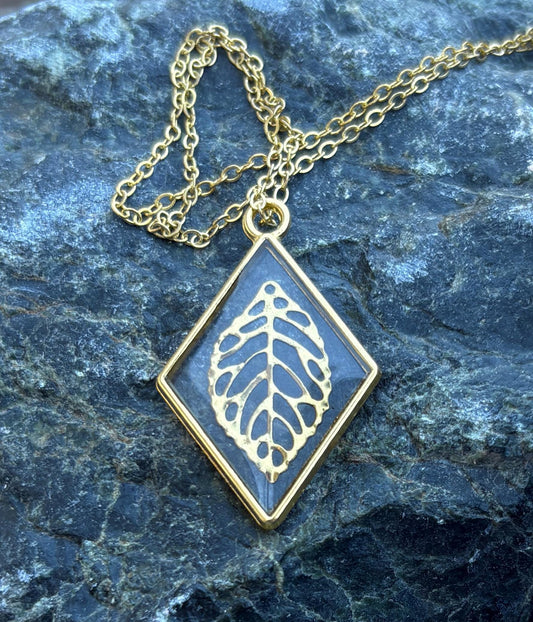 Gold Leaf Pendant Necklace | Diamond Frame Clear Resin Golden Charm Necklaces Consecrated Jewelry Co.