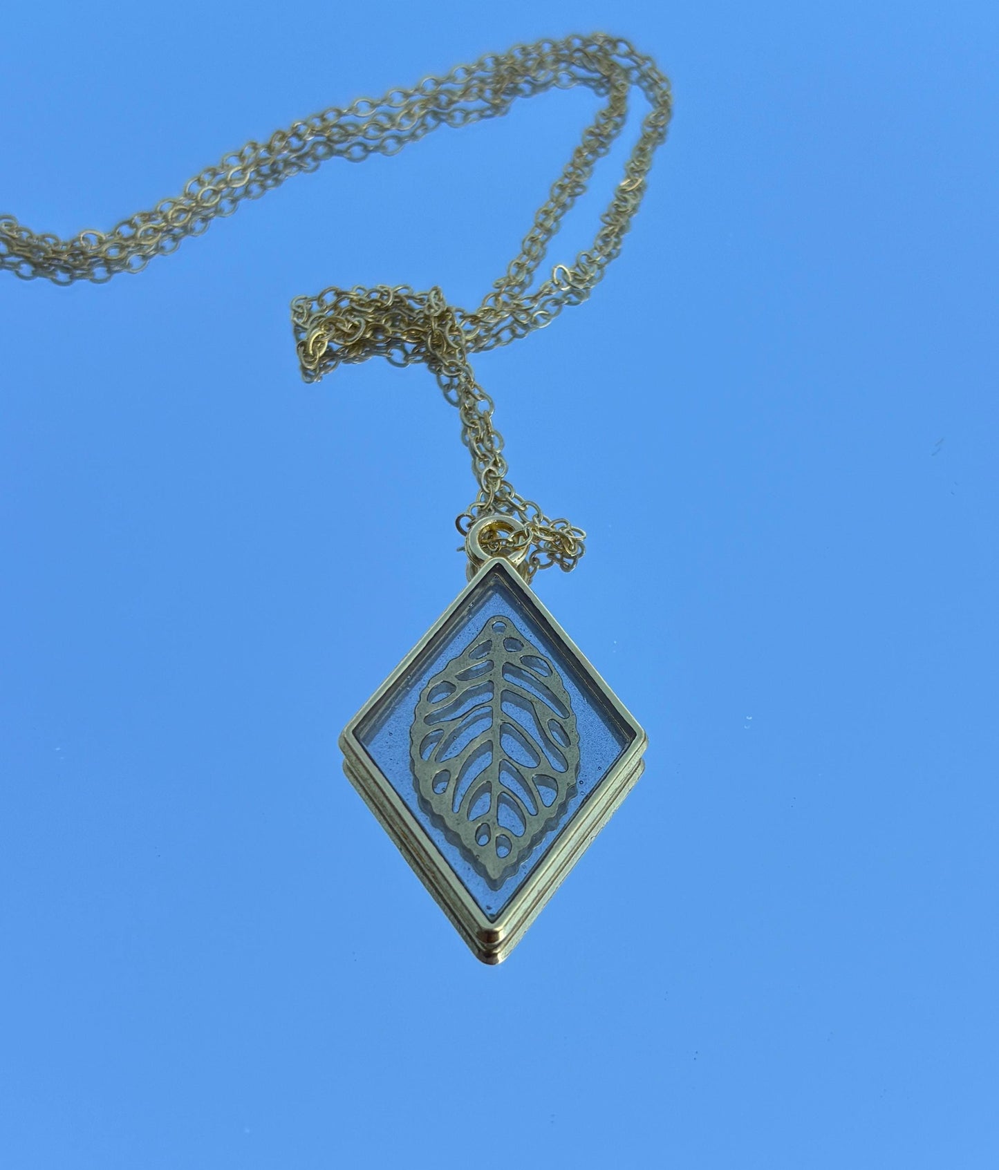 Gold Leaf Pendant Necklace | Diamond Frame Clear Resin Golden Charm Necklaces Consecrated Jewelry Co.