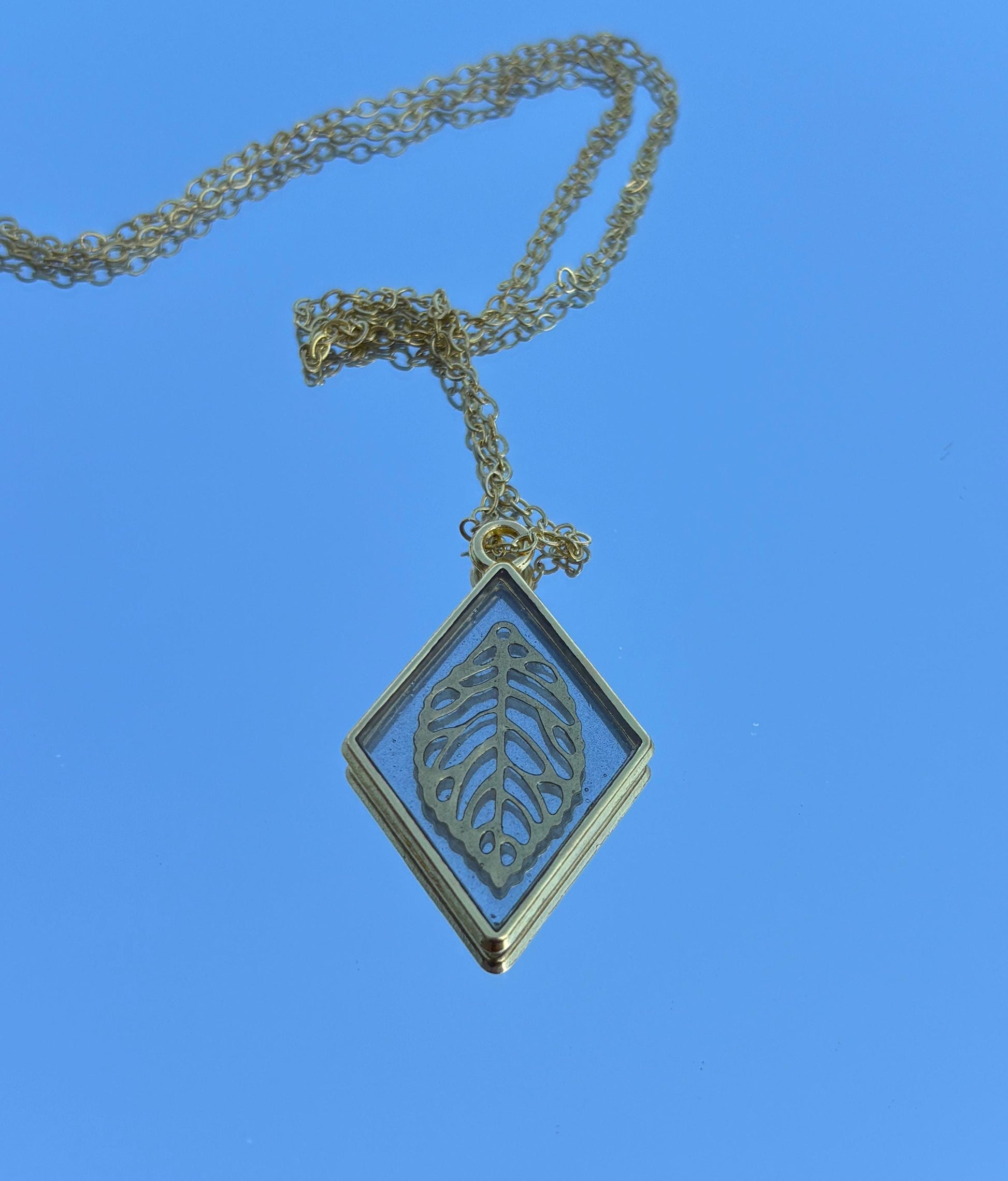 Gold Leaf Pendant Necklace | Diamond Frame Clear Resin Golden Charm Necklaces Consecrated Jewelry Co.