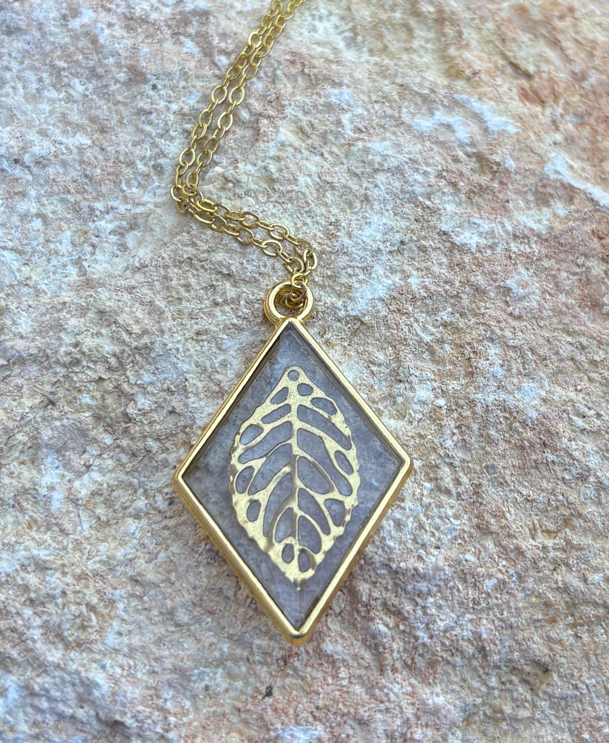 Gold Leaf Pendant Necklace | Diamond Frame Clear Resin Golden Charm Necklaces Consecrated Jewelry Co.
