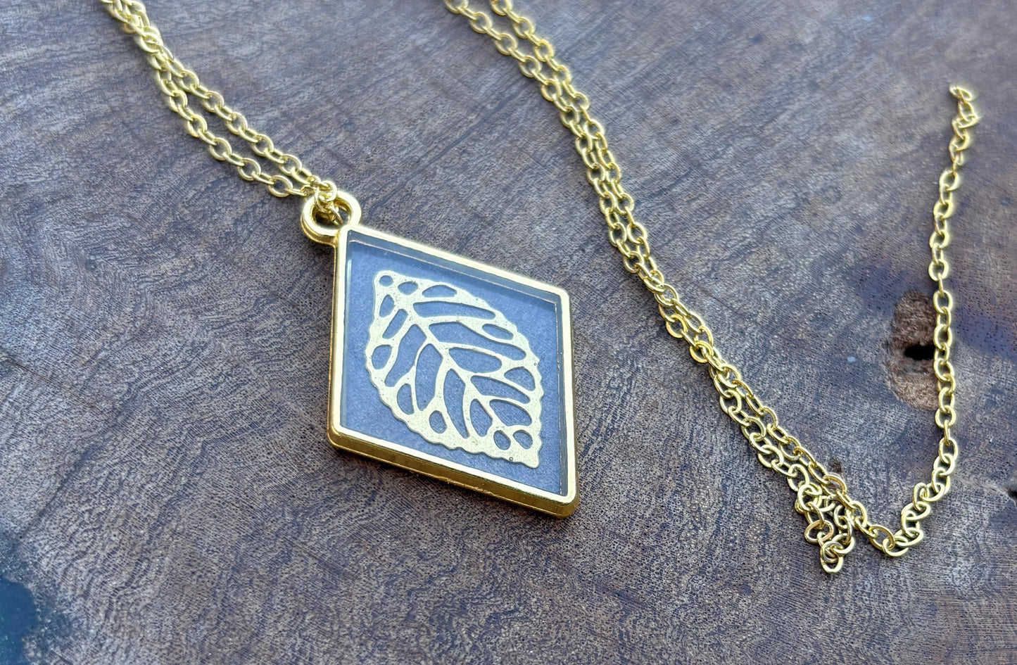 Gold Leaf Pendant Necklace | Diamond Frame Clear Resin Golden Charm Necklaces Consecrated Jewelry Co.