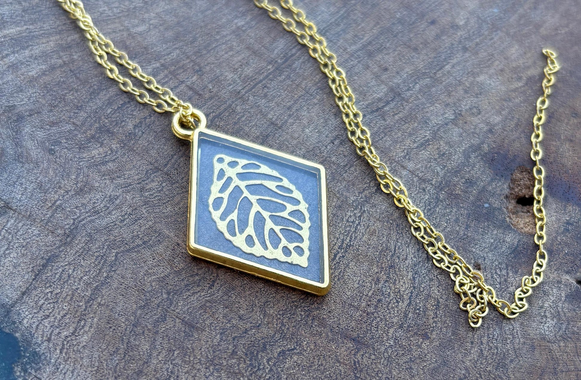 Gold Leaf Pendant Necklace | Diamond Frame Clear Resin Golden Charm Necklaces Consecrated Jewelry Co.