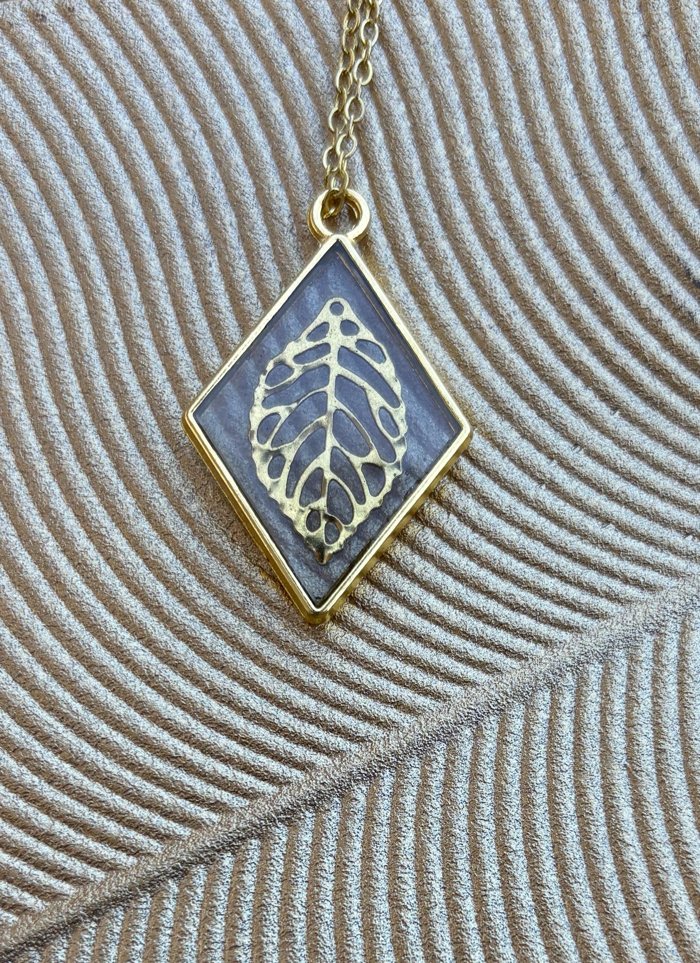 Gold Leaf Pendant Necklace | Diamond Frame Clear Resin Golden Charm Necklaces Consecrated Jewelry Co.