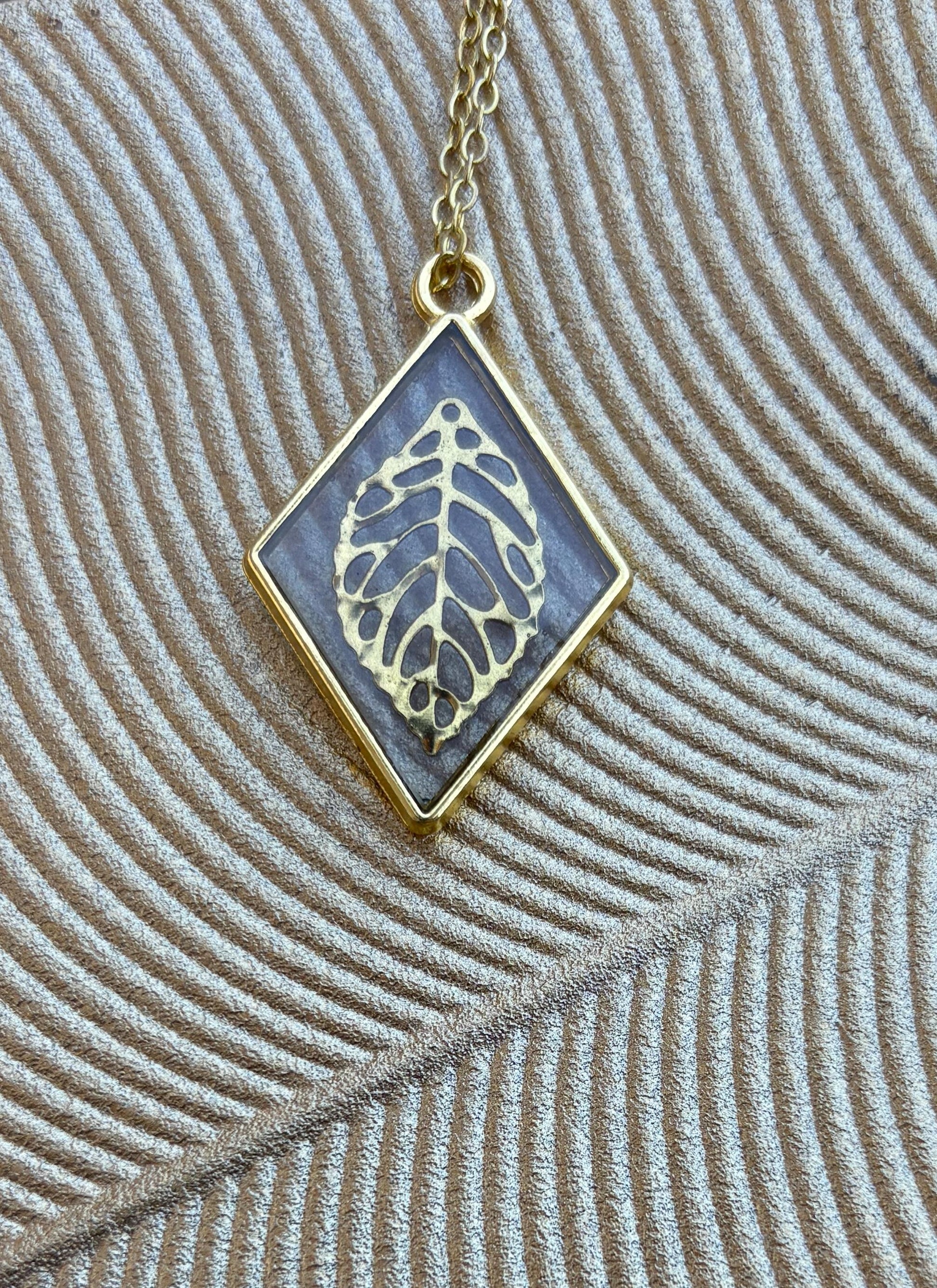 Gold Leaf Pendant Necklace | Diamond Frame Clear Resin Golden Charm Necklaces Consecrated Jewelry Co.