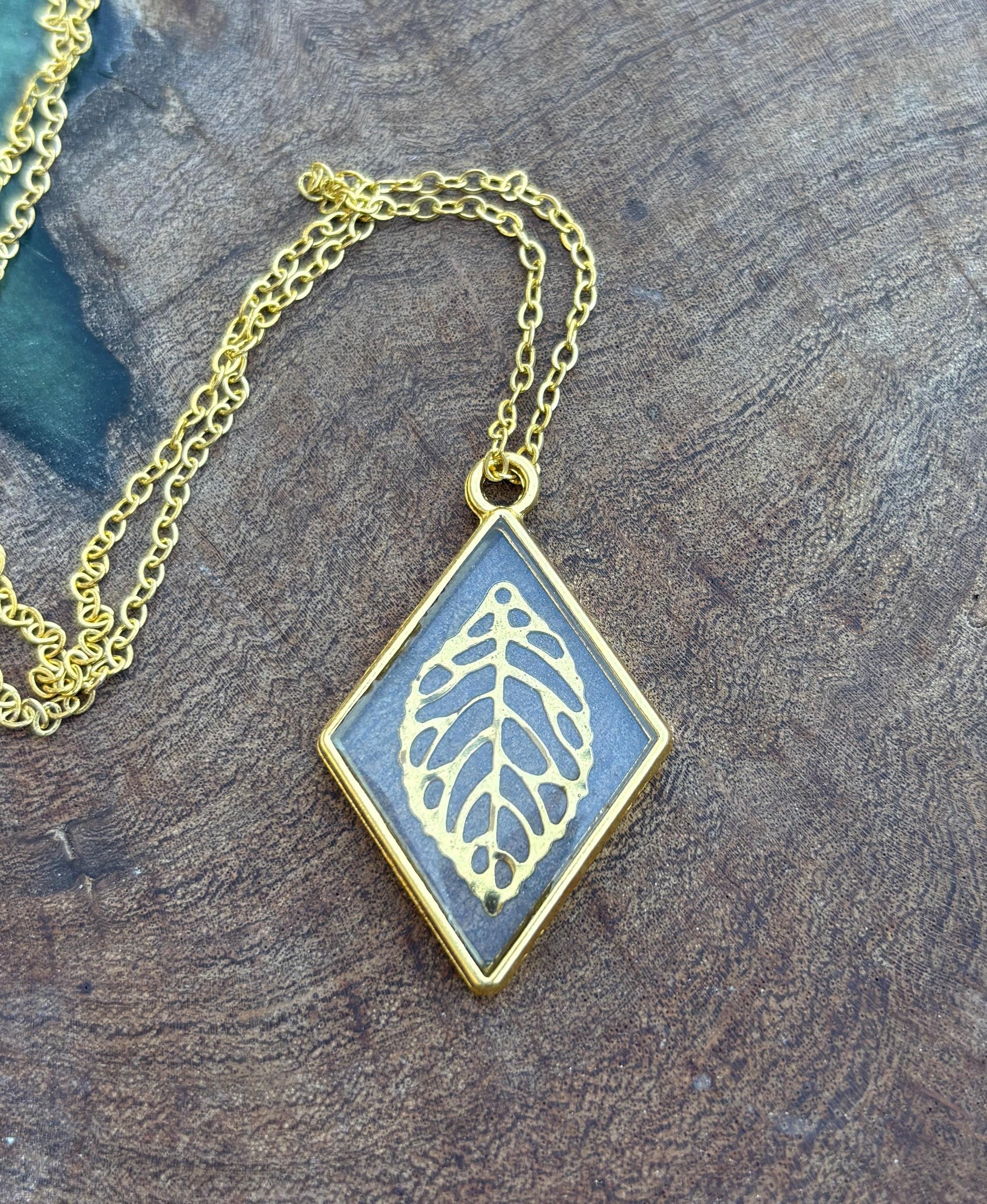 Gold Leaf Pendant Necklace | Diamond Frame Clear Resin Golden Charm Necklaces Consecrated Jewelry Co.