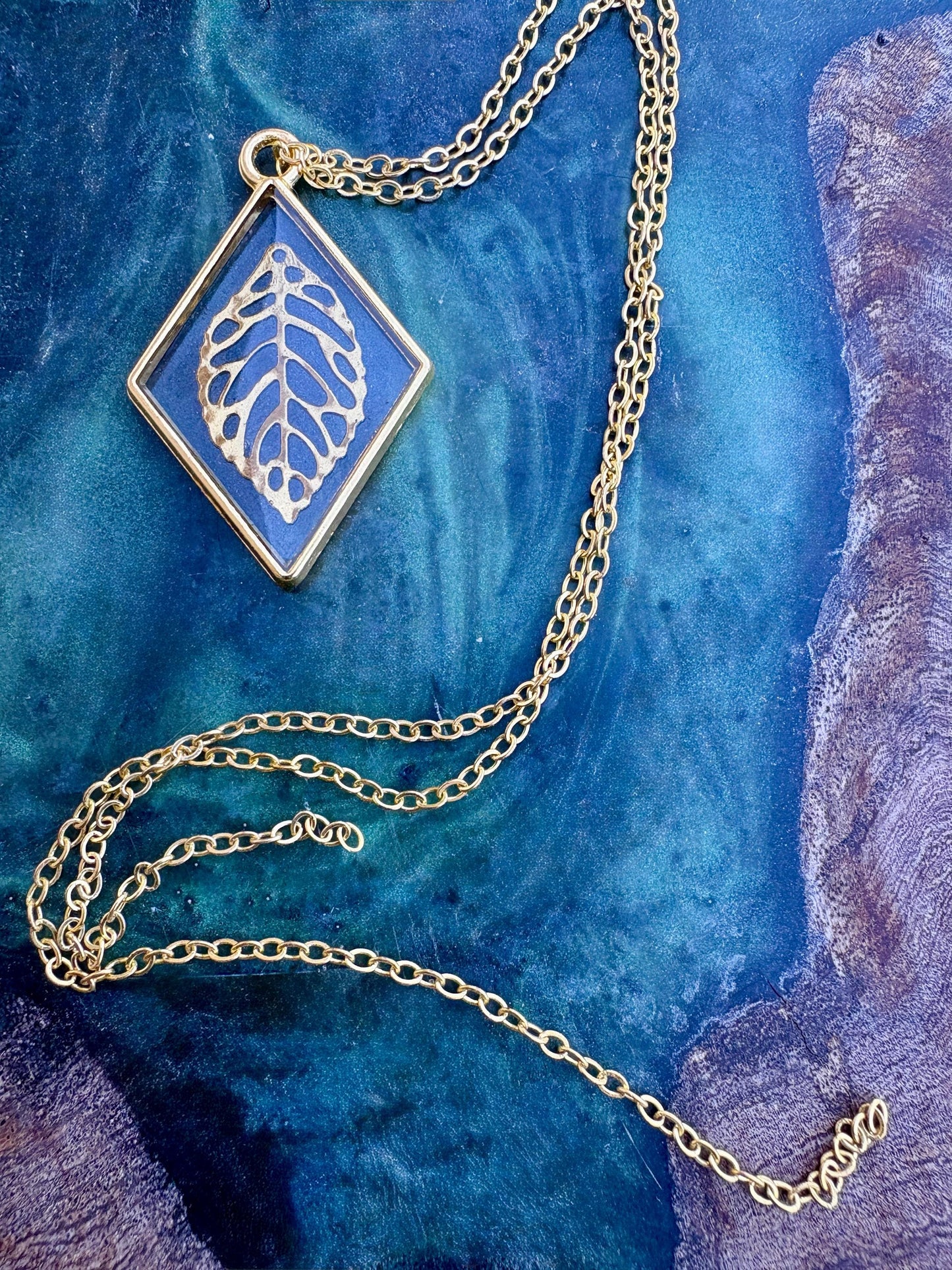 Gold Leaf Pendant Necklace | Diamond Frame Clear Resin Golden Charm Necklaces Consecrated Jewelry Co.