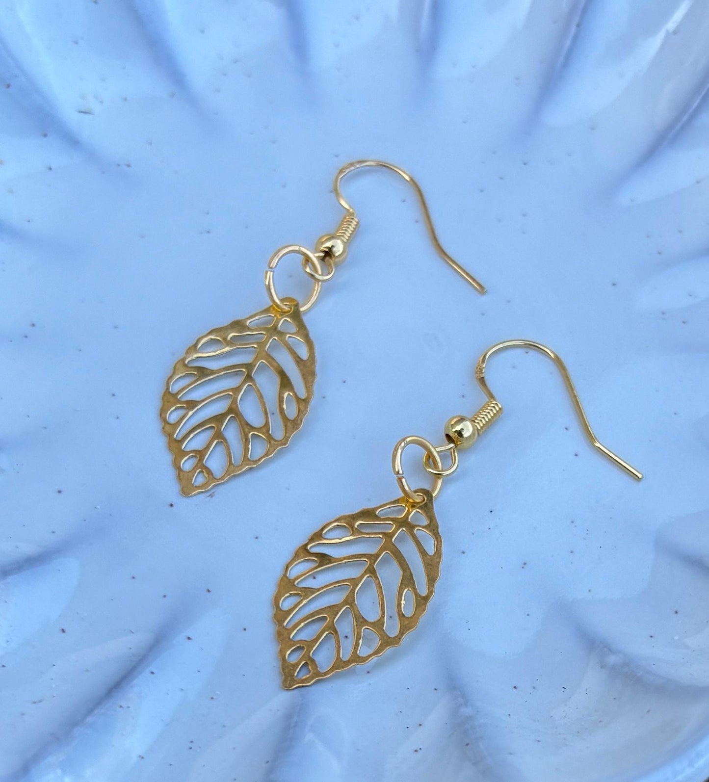 Gold Leaf Dangle Earrings | Metal Cutout Golden Leaves Boho Earrings Consecrated Jewelry Co.