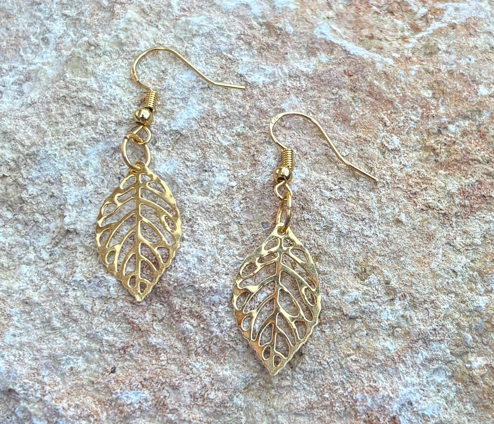 Gold Leaf Dangle Earrings | Metal Cutout Golden Leaves Boho Earrings Consecrated Jewelry Co.