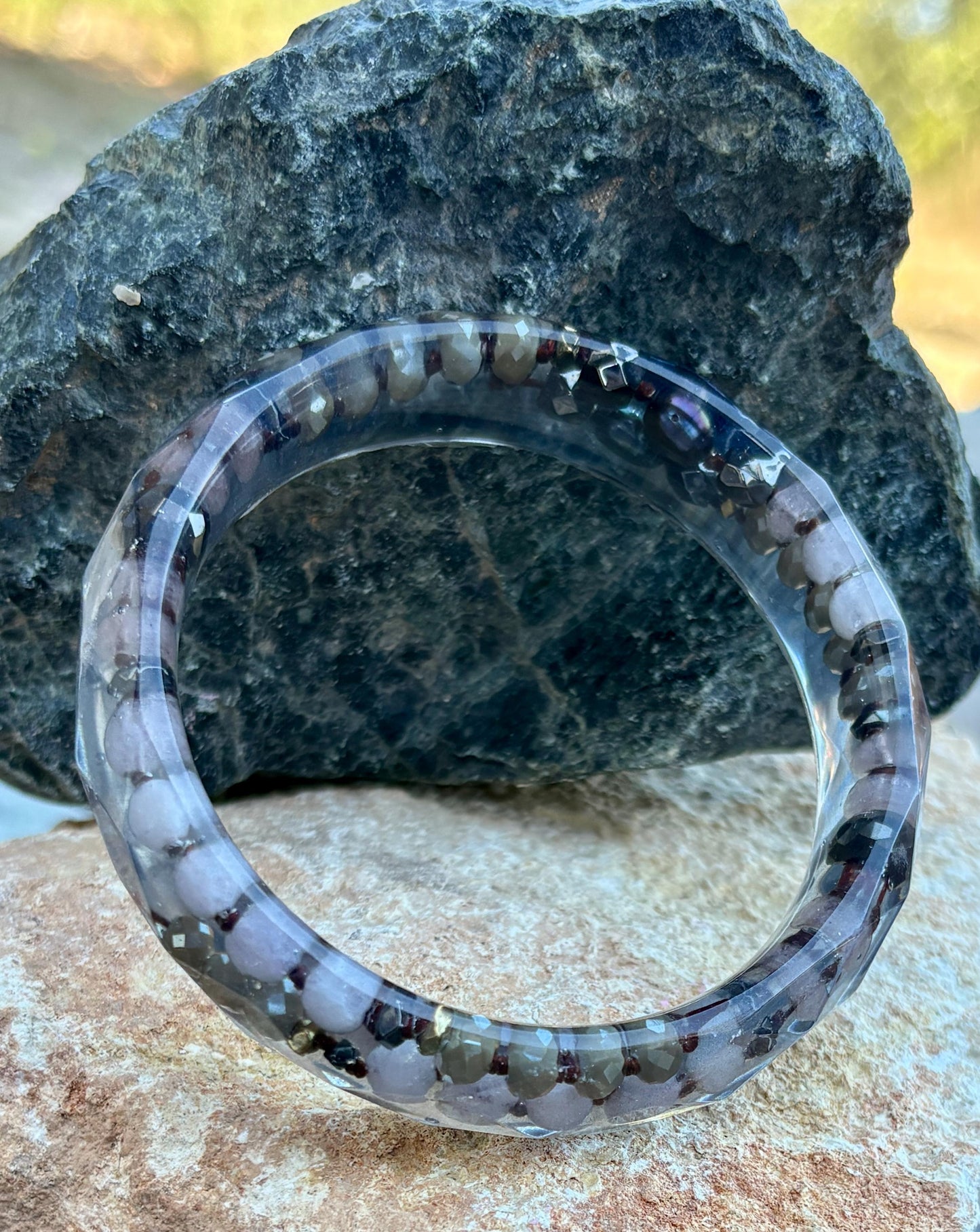 Geometric Resin Bangle Bracelet | Handmade Beaded Rope Accents Bracelets Consecrated Jewelry Co.