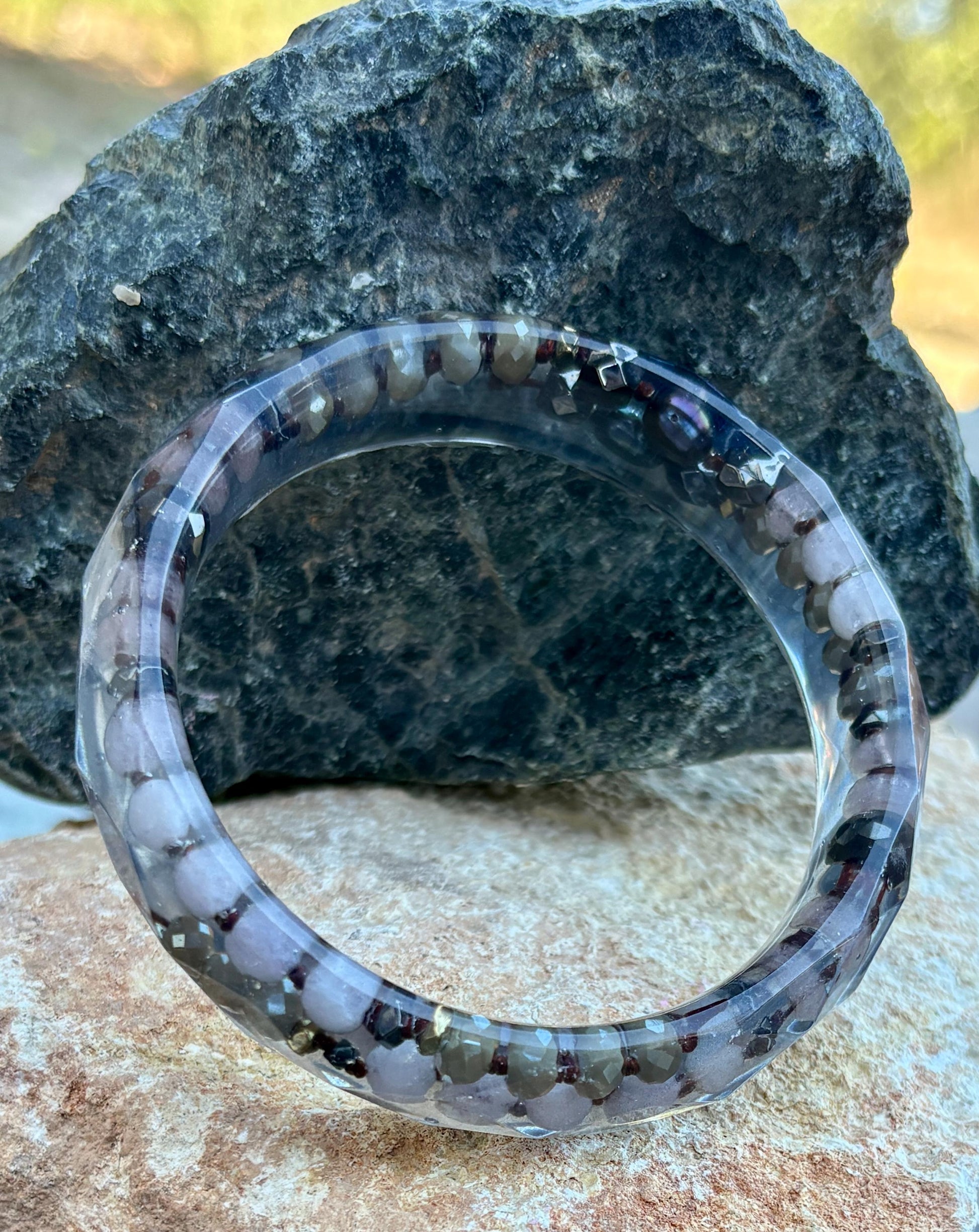 Geometric Resin Bangle Bracelet | Handmade Beaded Rope Accents Bracelets Consecrated Jewelry Co.