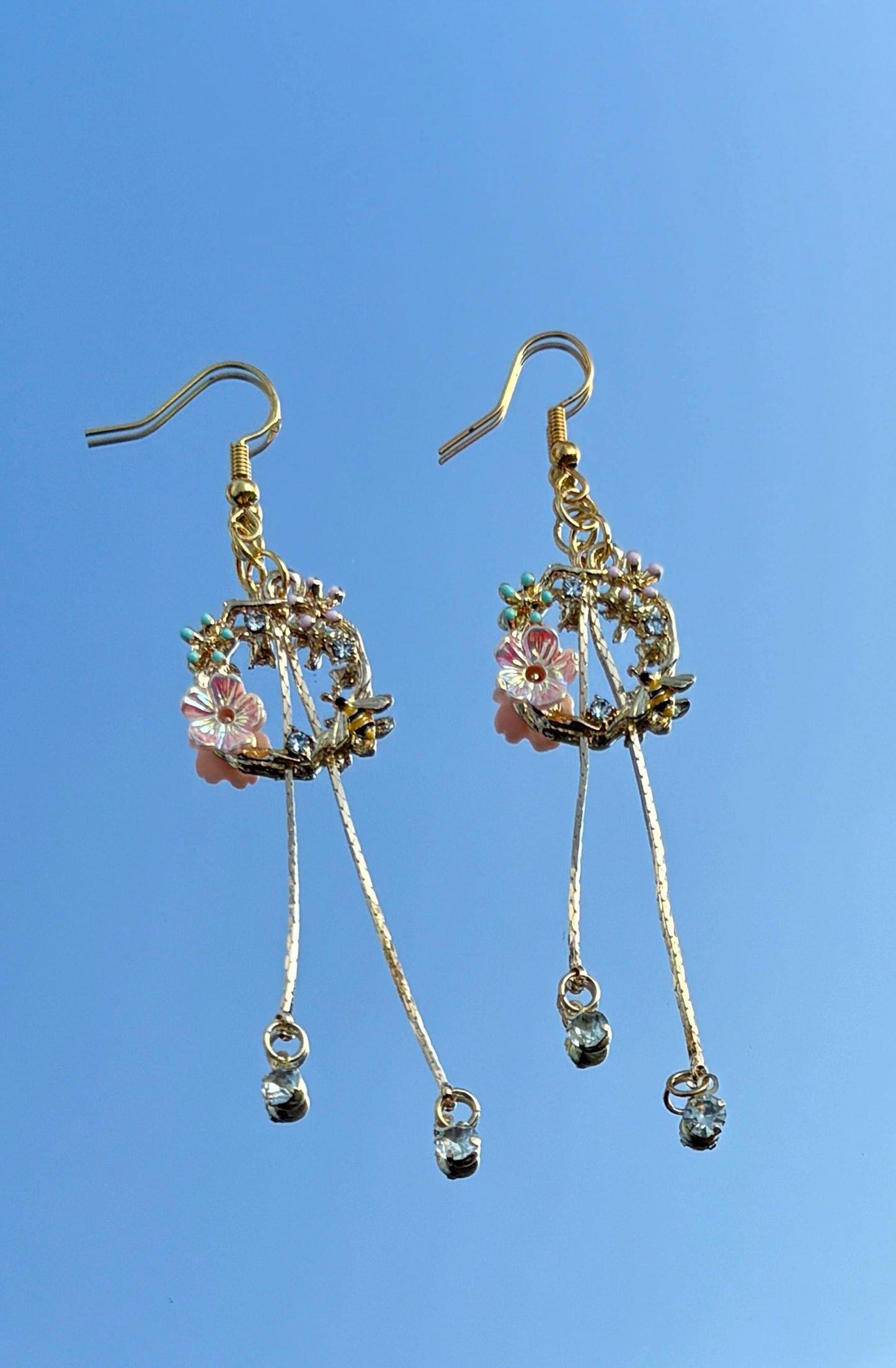 Gold Bee Flower Dangle Earrings | Crystal Garden Insect Earrings Consecrated Jewelry Co.
