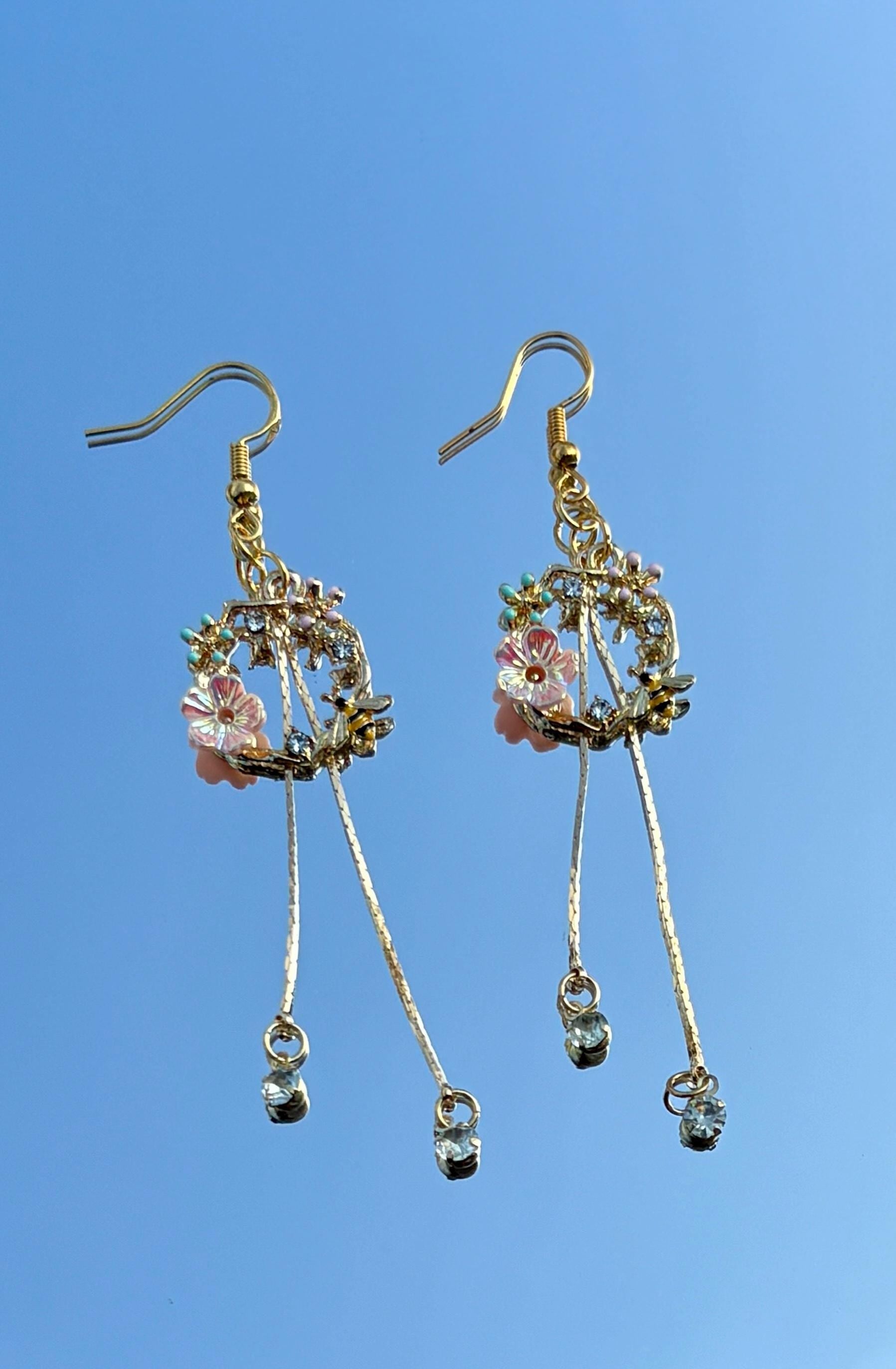 Gold Bee Flower Dangle Earrings | Crystal Garden Insect Earrings Consecrated Jewelry Co.