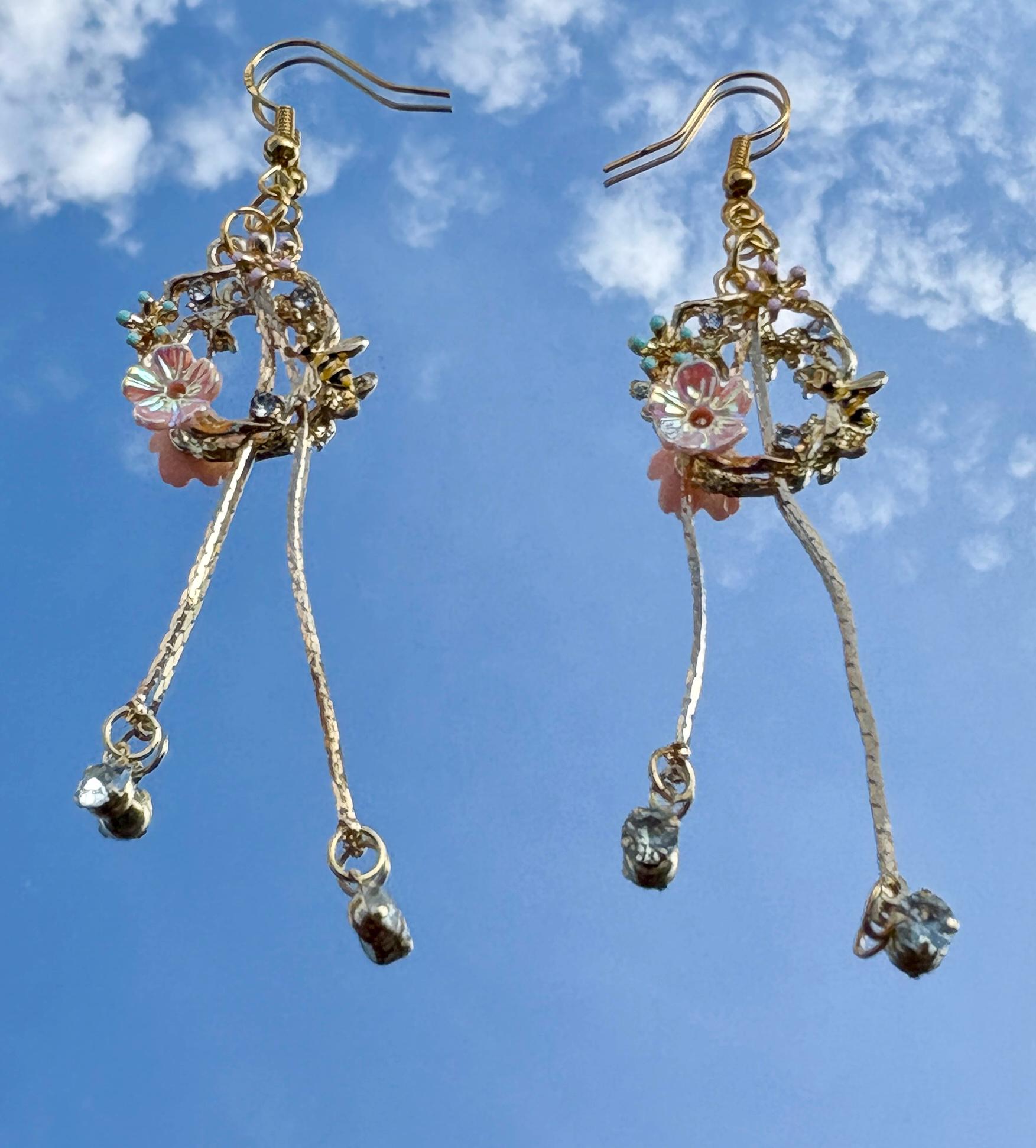Gold Bee Flower Dangle Earrings | Crystal Garden Insect Earrings Consecrated Jewelry Co.