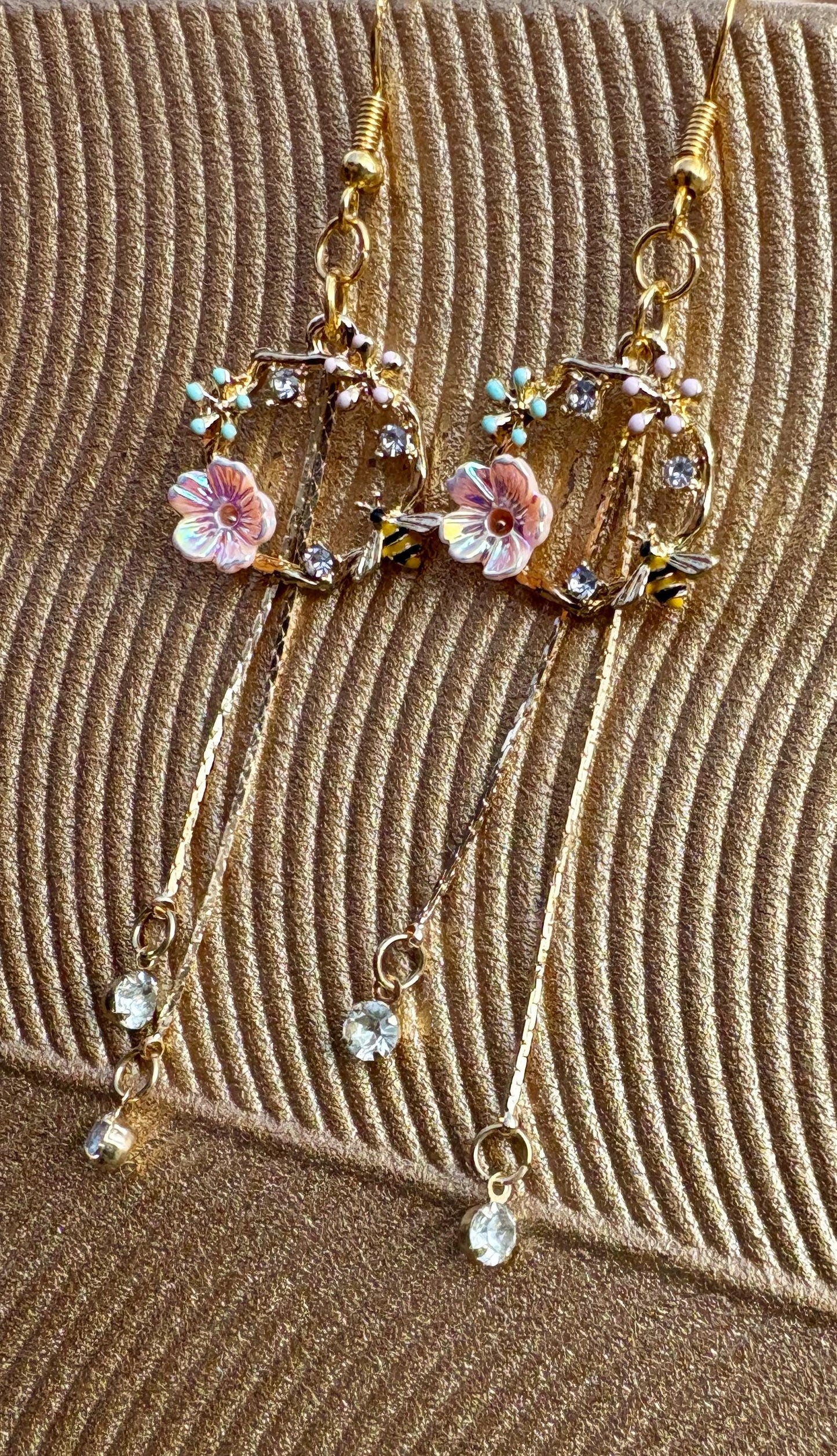 Gold Bee Flower Dangle Earrings | Crystal Garden Insect Earrings Consecrated Jewelry Co.