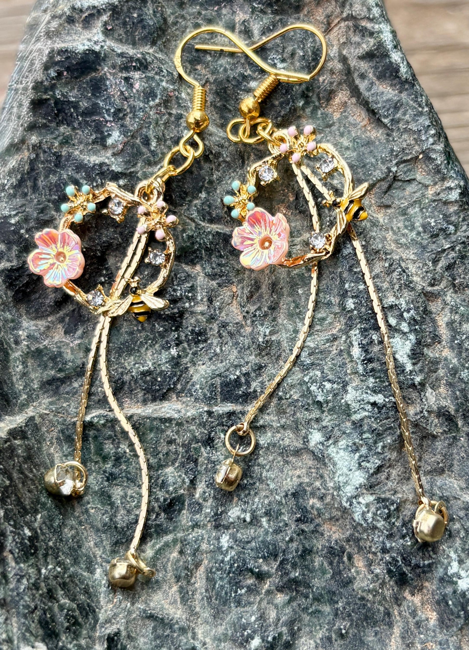 Gold Bee Flower Dangle Earrings | Crystal Garden Insect Earrings Consecrated Jewelry Co.