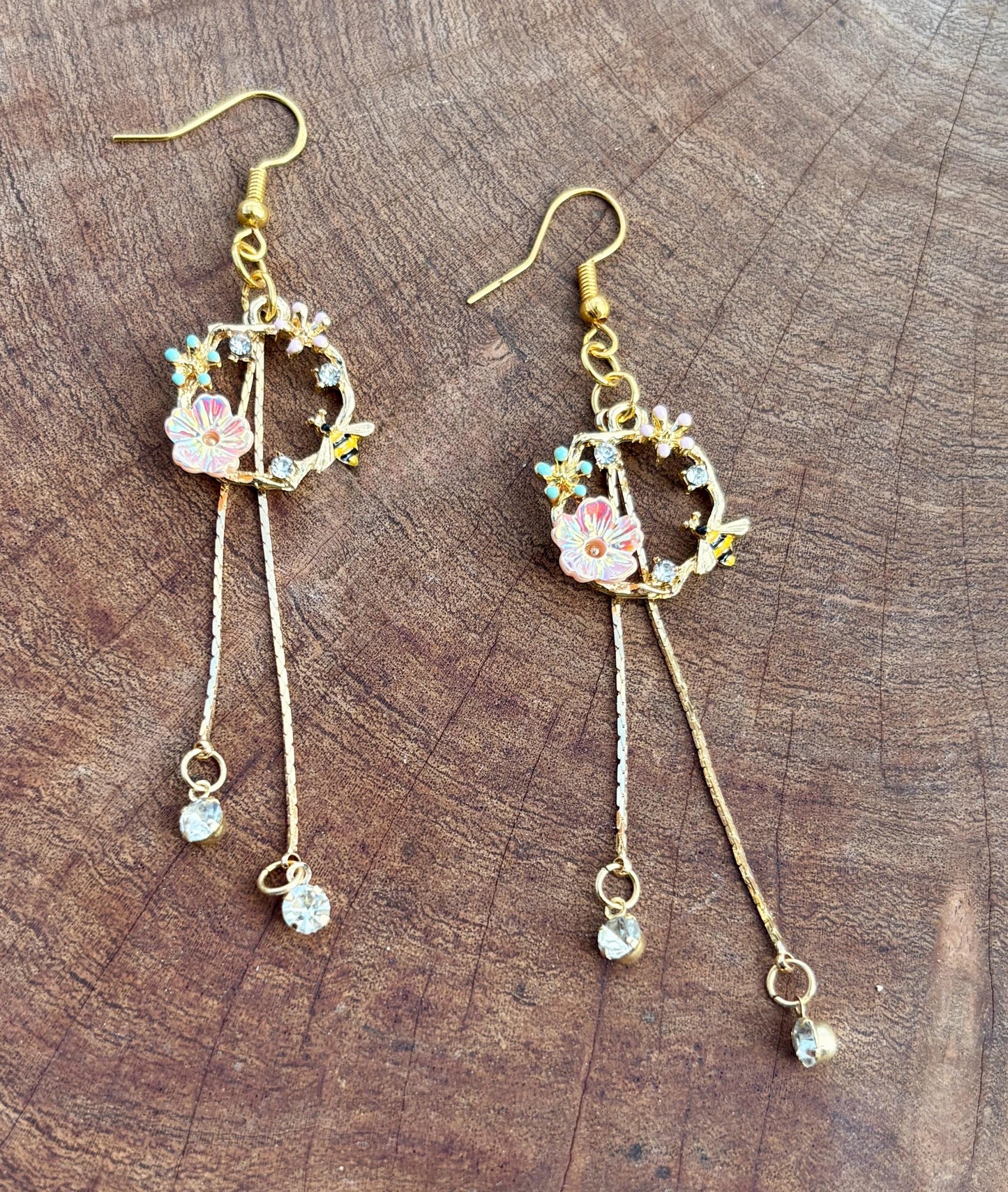 Gold Bee Flower Dangle Earrings | Crystal Garden Insect Earrings Consecrated Jewelry Co.