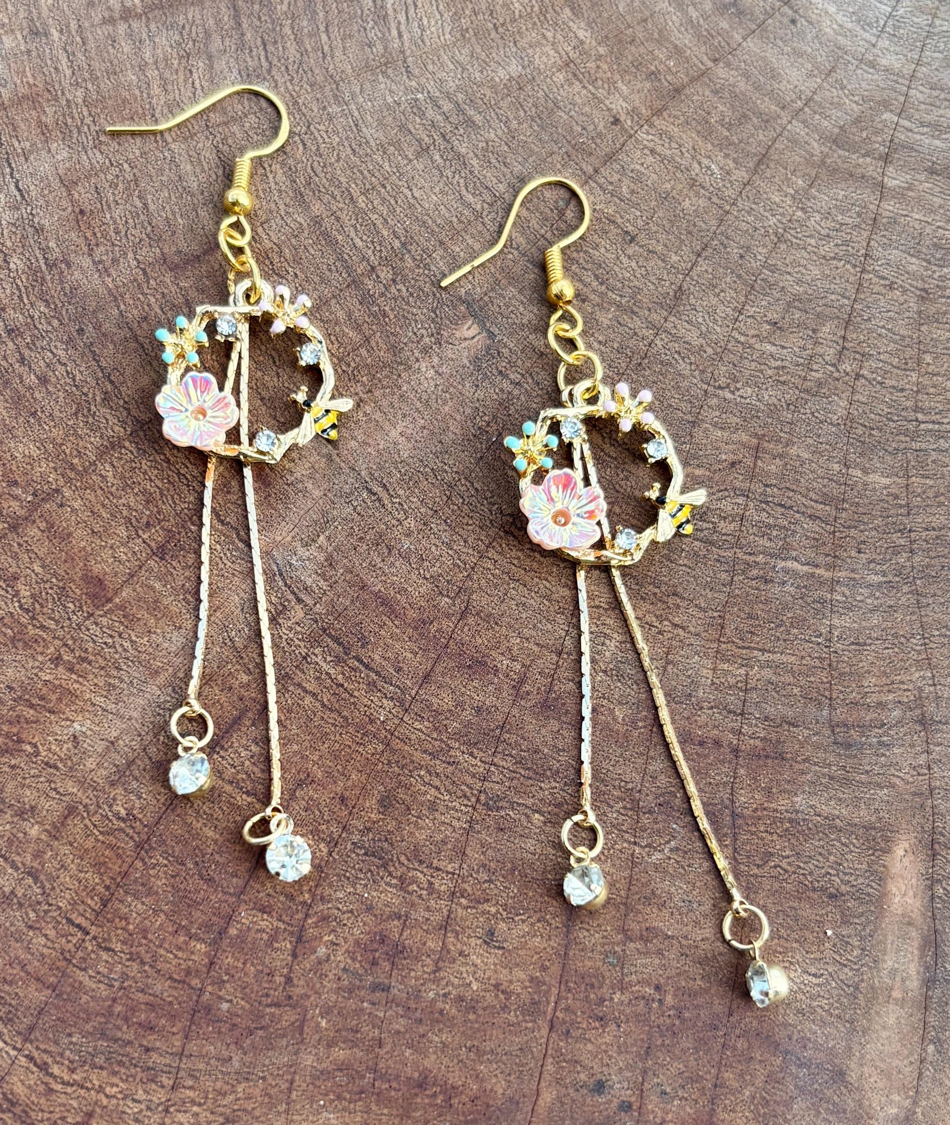 Gold Bee Flower Dangle Earrings | Crystal Garden Insect Earrings Consecrated Jewelry Co.