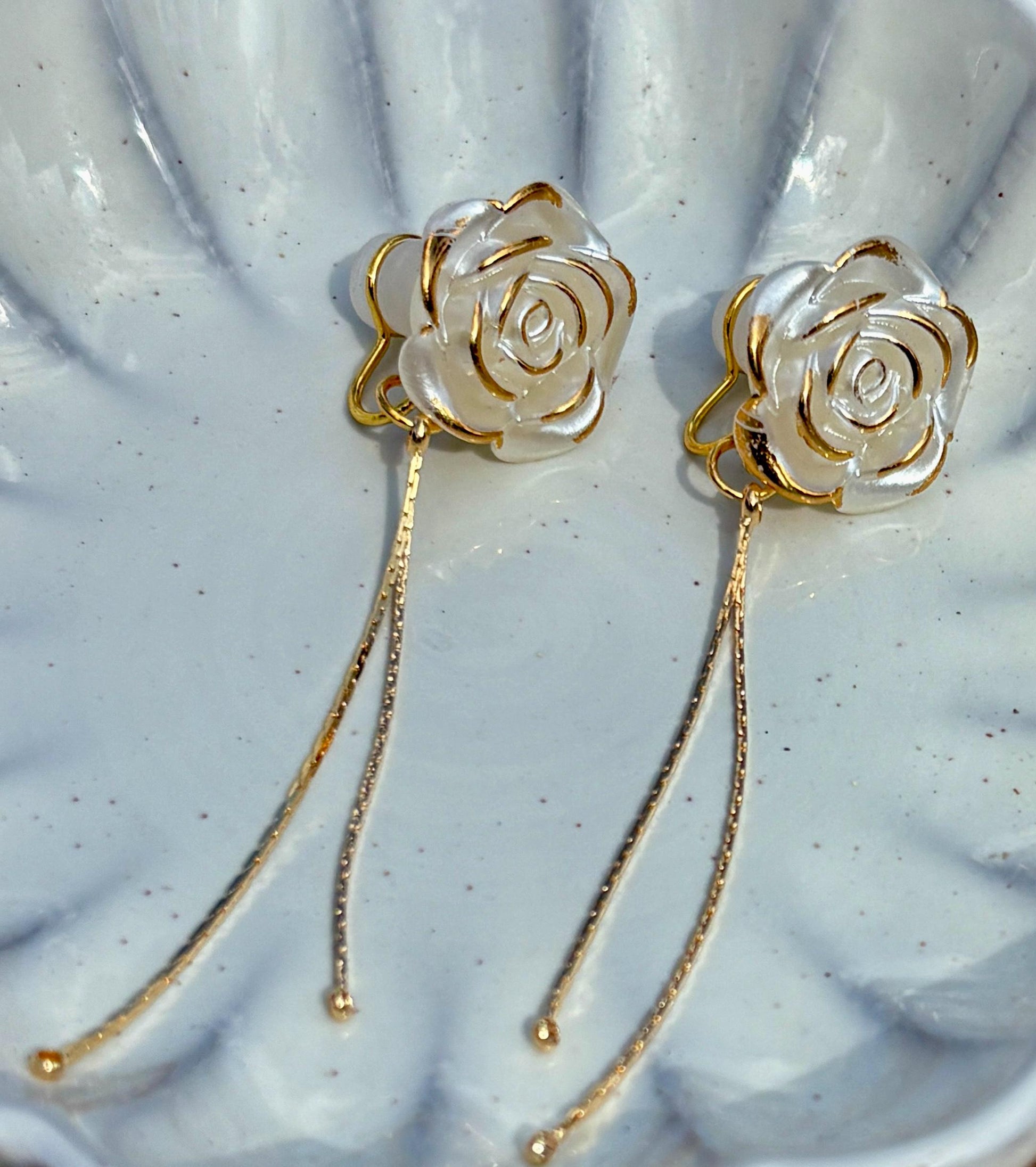 Distressed White Flower Clip-On Earrings | Gold Dangle Chain Earrings Consecrated Jewelry Co.
