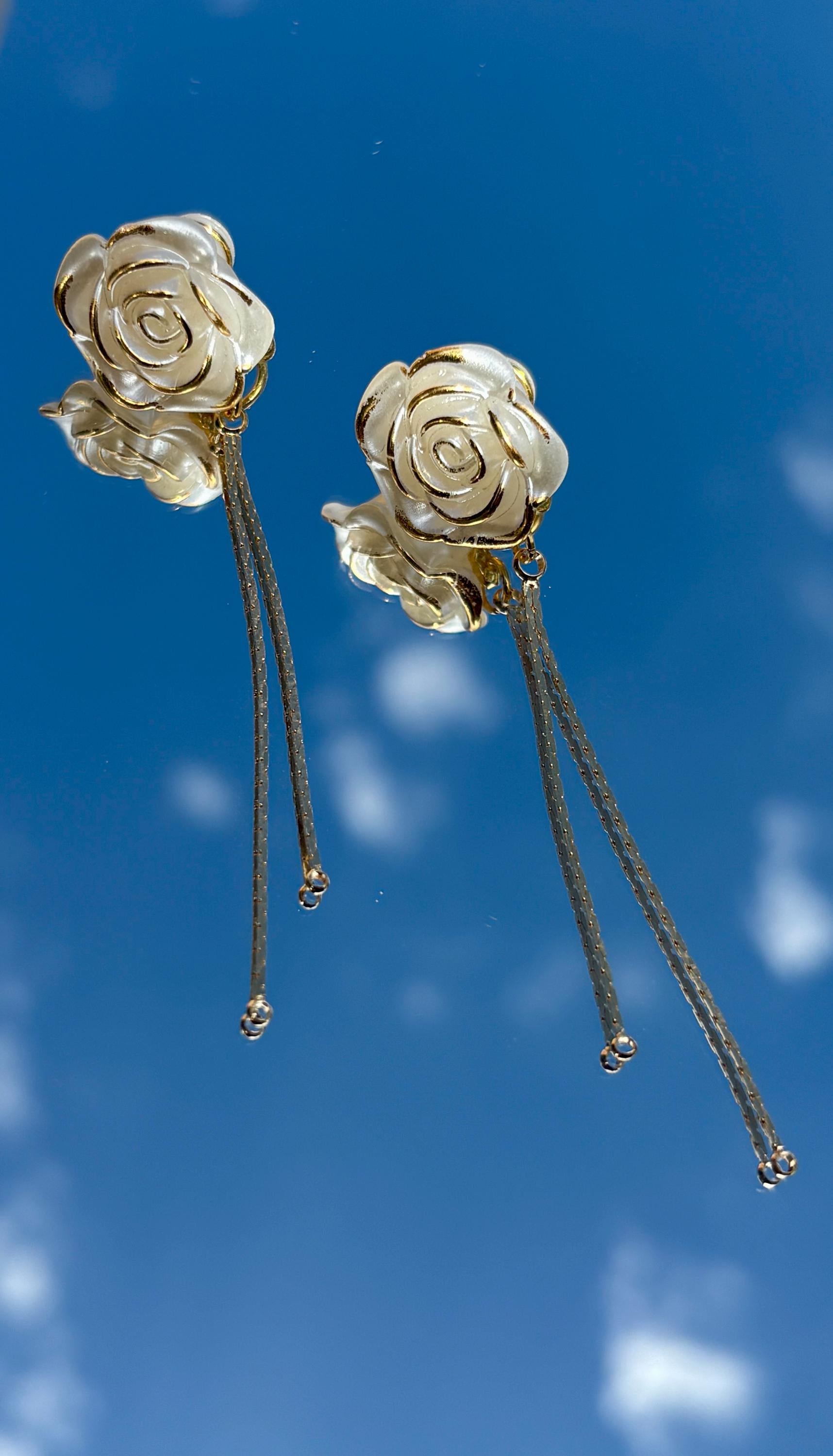 Distressed White Flower Clip-On Earrings | Gold Dangle Chain Earrings Consecrated Jewelry Co.
