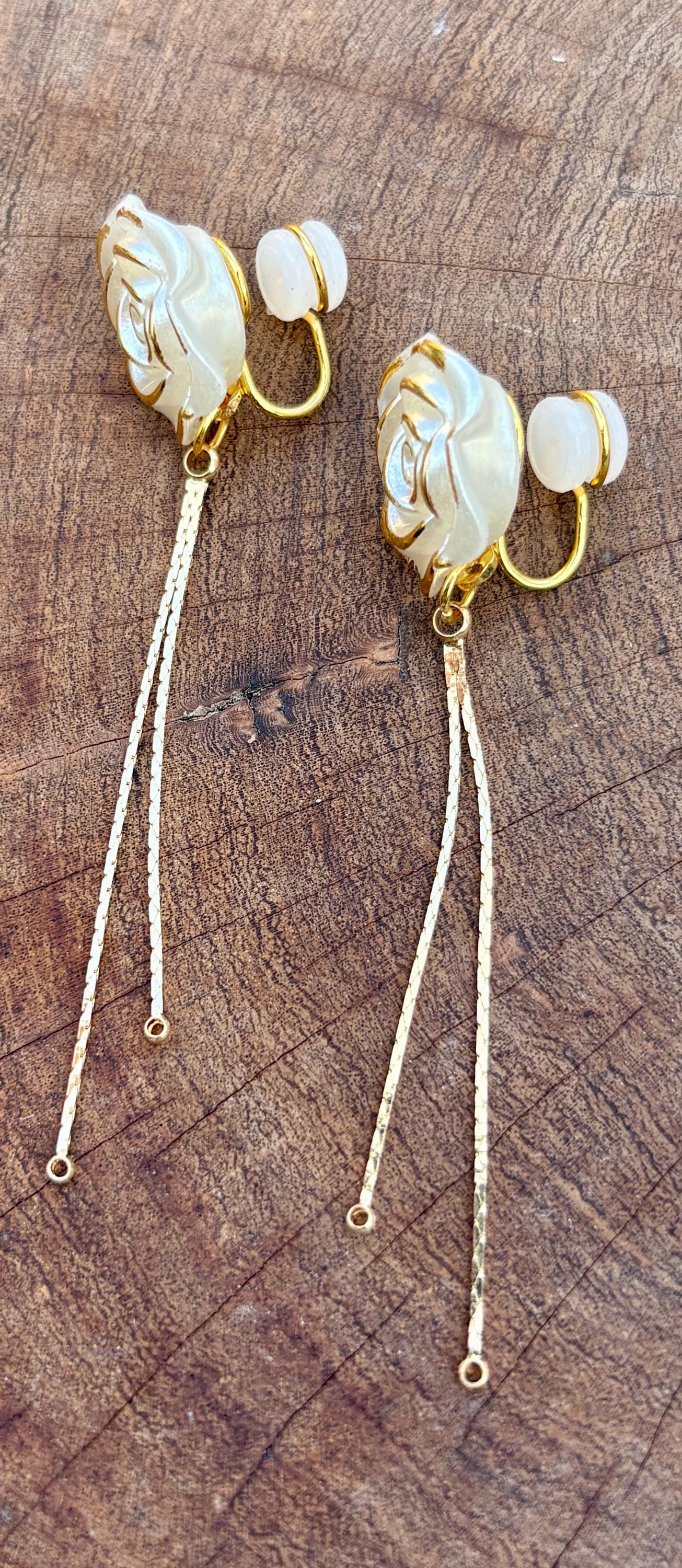 Distressed White Flower Clip-On Earrings | Gold Dangle Chain Earrings Consecrated Jewelry Co.