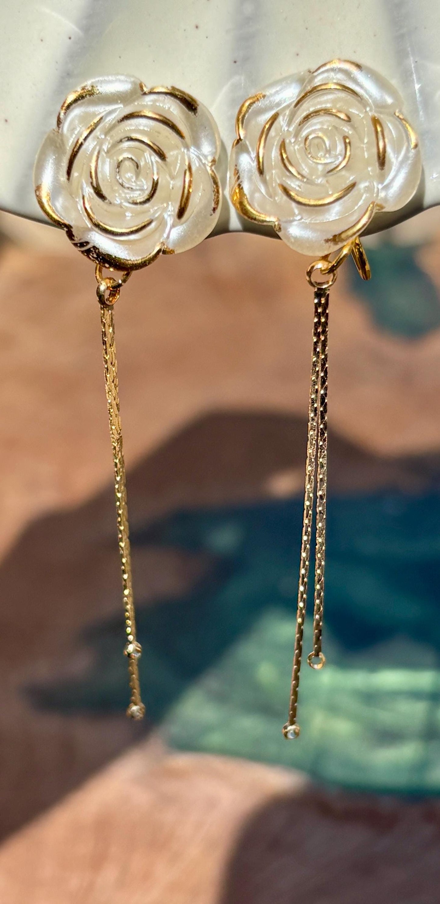 Distressed White Flower Clip-On Earrings | Gold Dangle Chain Earrings Consecrated Jewelry Co.