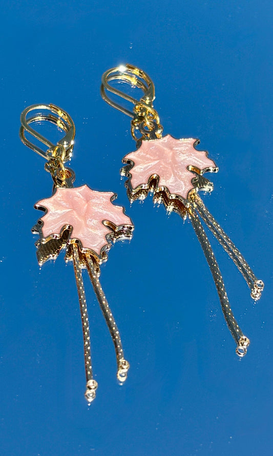 Pink Maple Leaf Dangle Earrings | Gold Huggie Boho Fall Autumn Earrings Consecrated Jewelry Co.