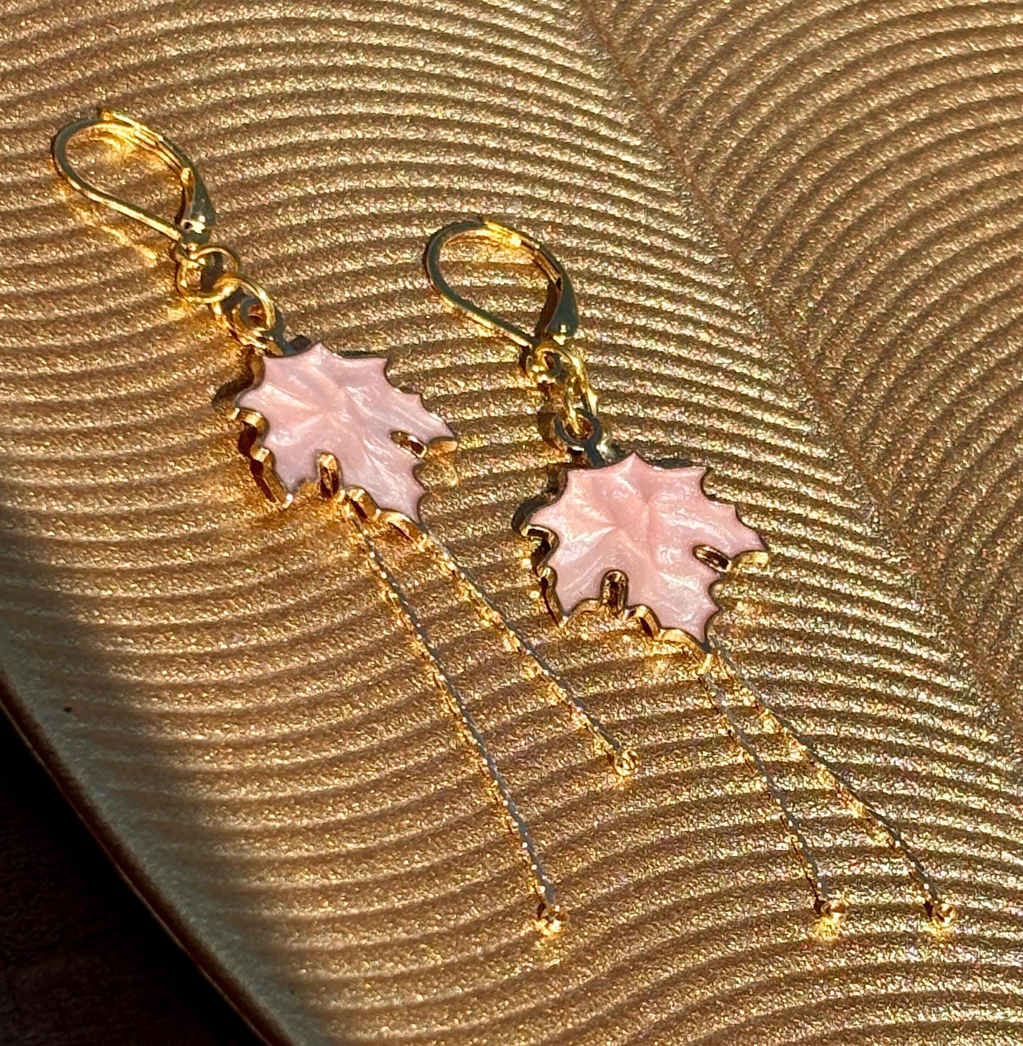 Pink Maple Leaf Dangle Earrings | Gold Huggie Boho Fall Autumn Earrings Consecrated Jewelry Co.