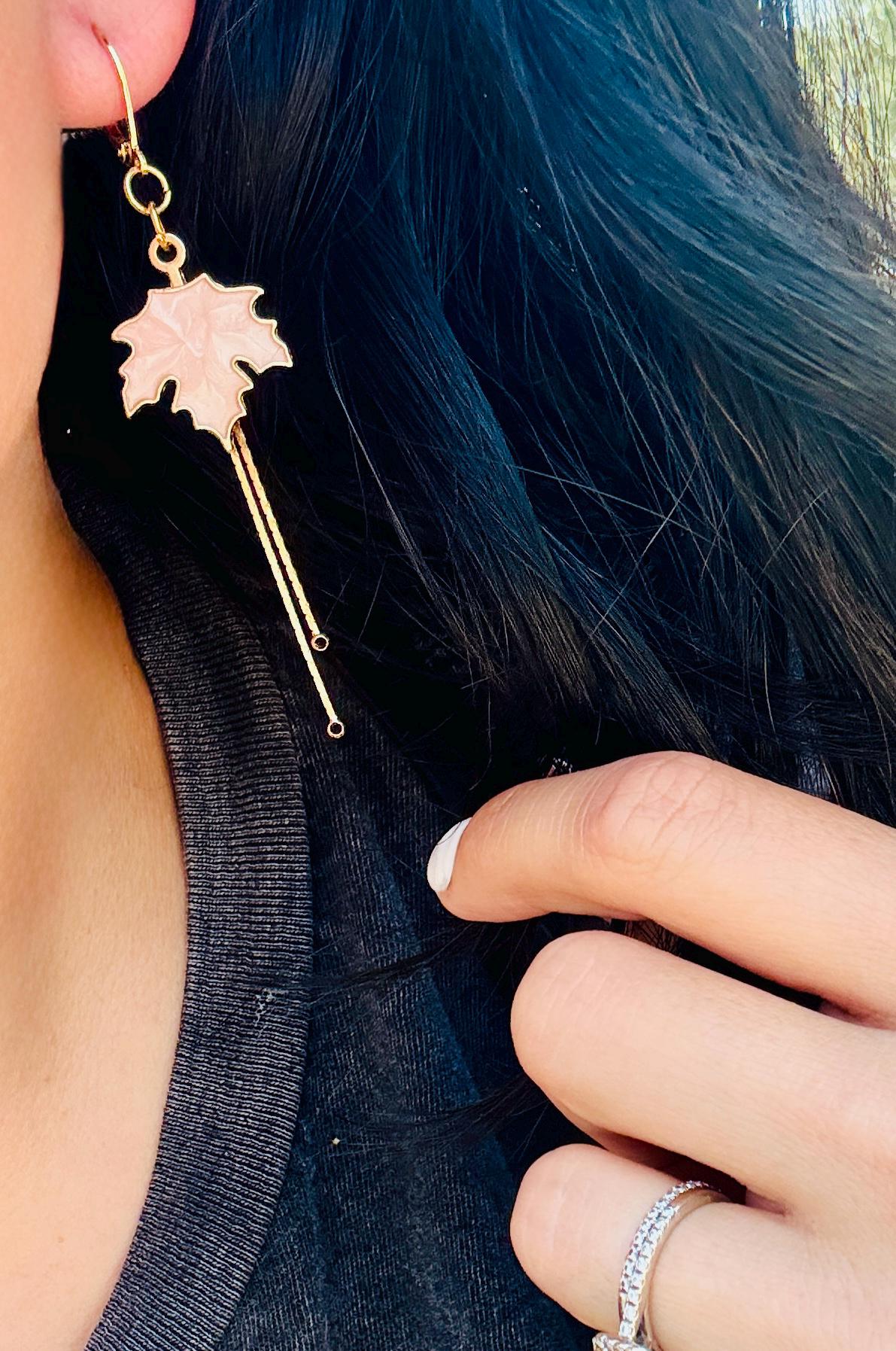 Pink Maple Leaf Dangle Earrings | Gold Huggie Boho Fall Autumn Earrings Consecrated Jewelry Co.