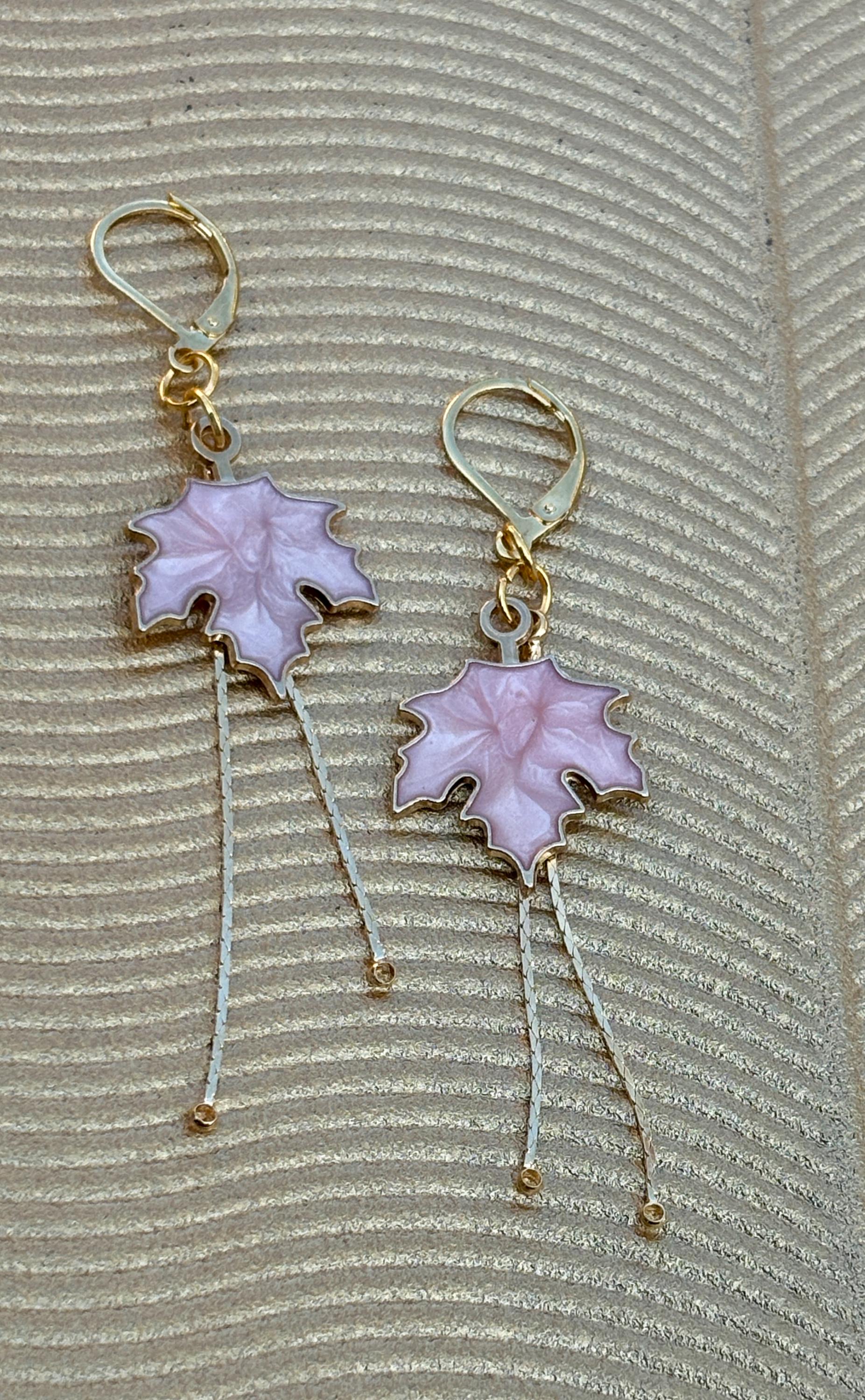Pink Maple Leaf Dangle Earrings | Gold Huggie Boho Fall Autumn Earrings Consecrated Jewelry Co.