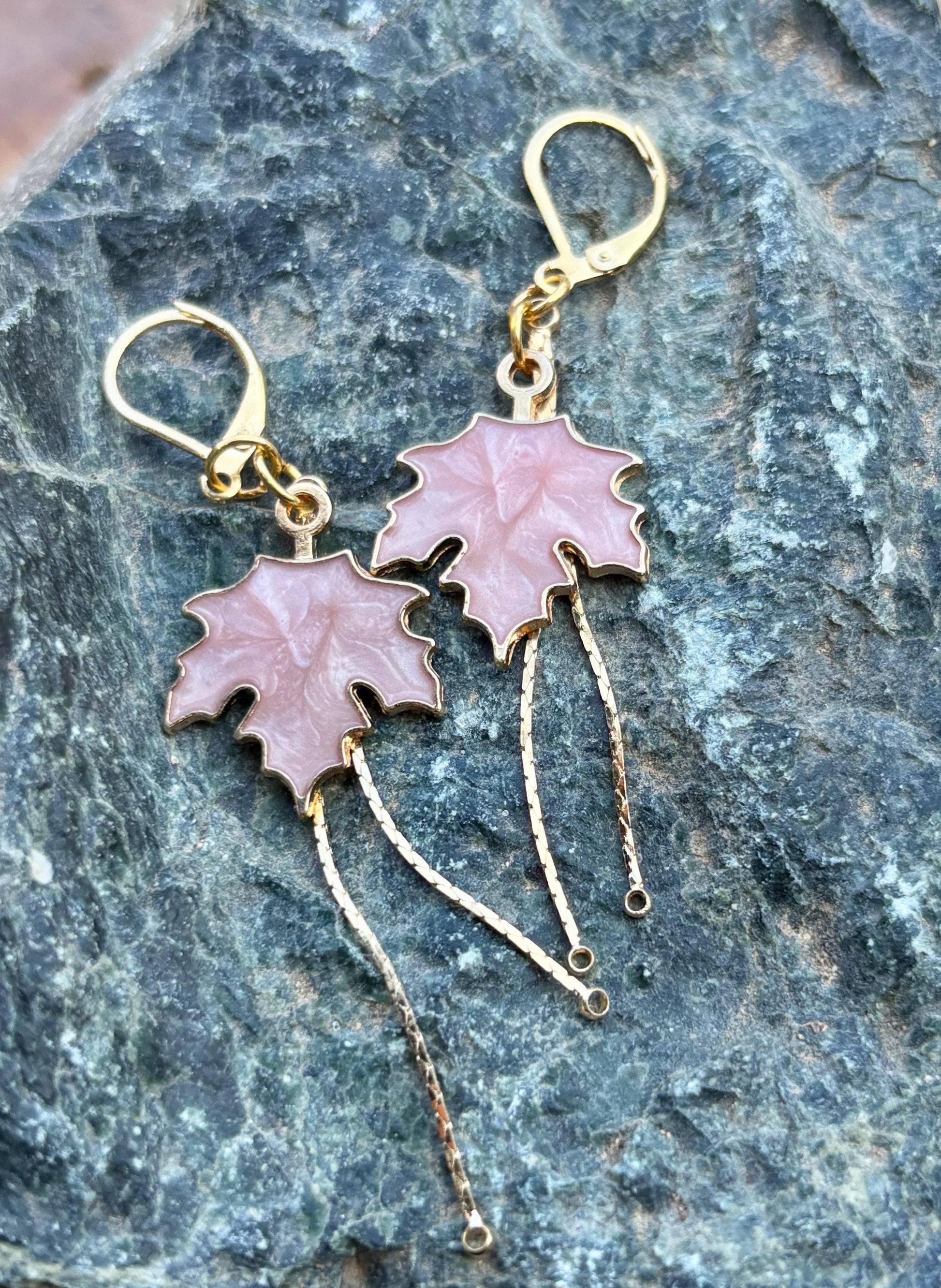 Pink Maple Leaf Dangle Earrings | Gold Huggie Boho Fall Autumn Earrings Consecrated Jewelry Co.