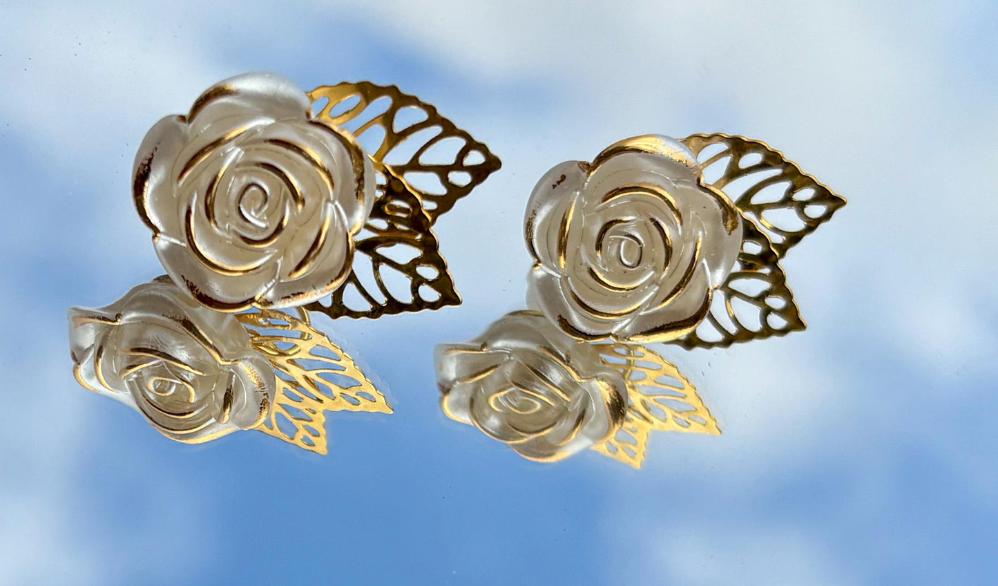 Gold Leaf & White Flower Clip-On Earrings | Boho Chic Stud Earrings Consecrated Jewelry Co.