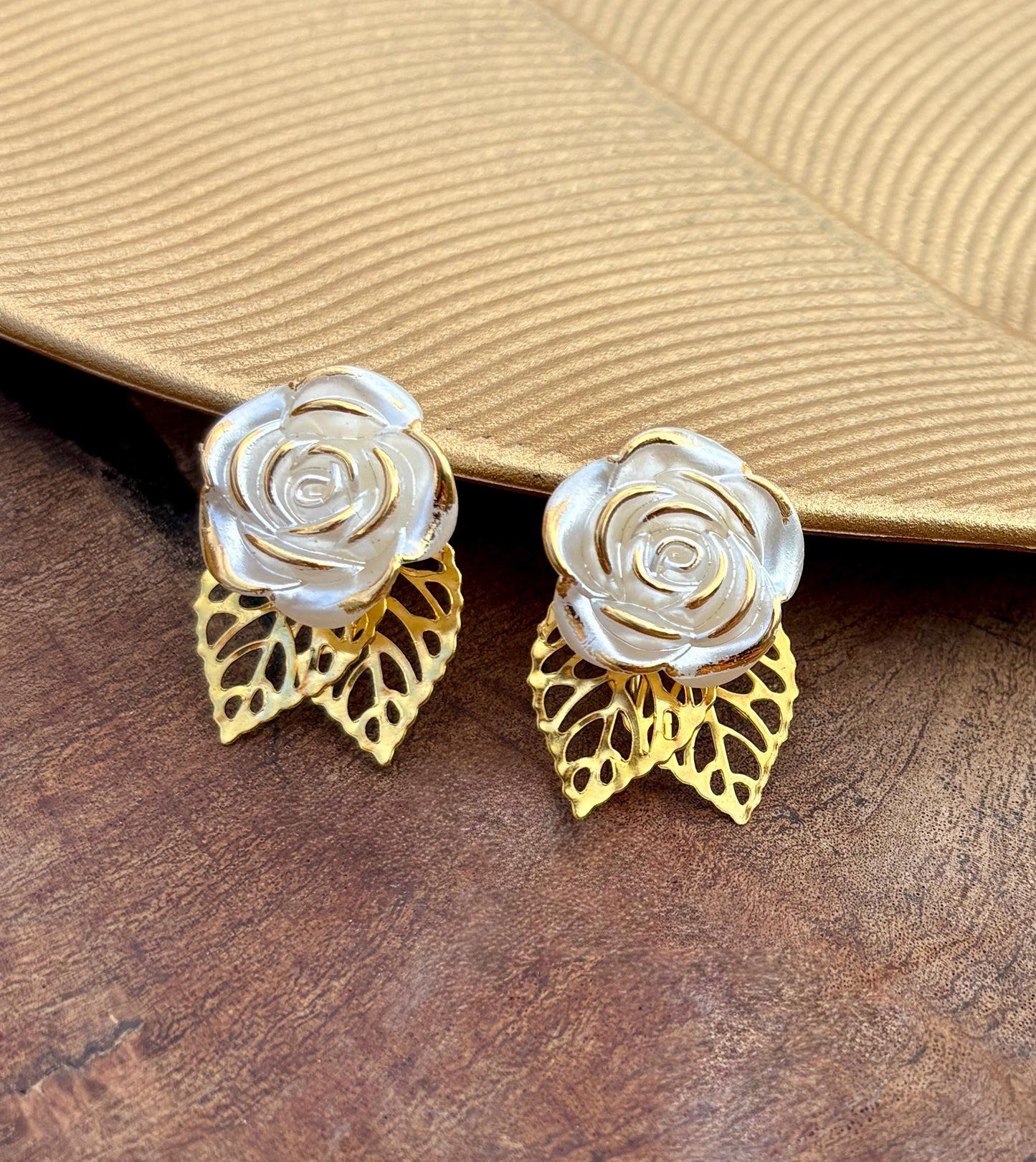 Gold Leaf & White Flower Clip-On Earrings | Boho Chic Stud Earrings Consecrated Jewelry Co.