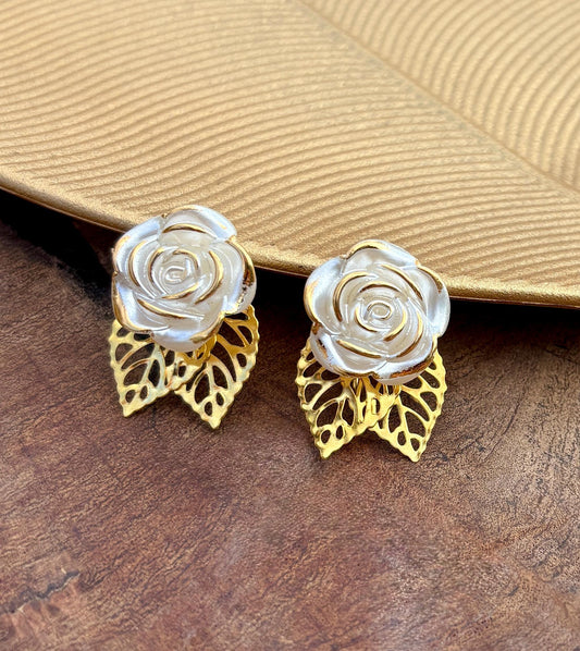 Gold Leaf & White Flower Clip-On Earrings | Boho Chic Stud Earrings Consecrated Jewelry Co.