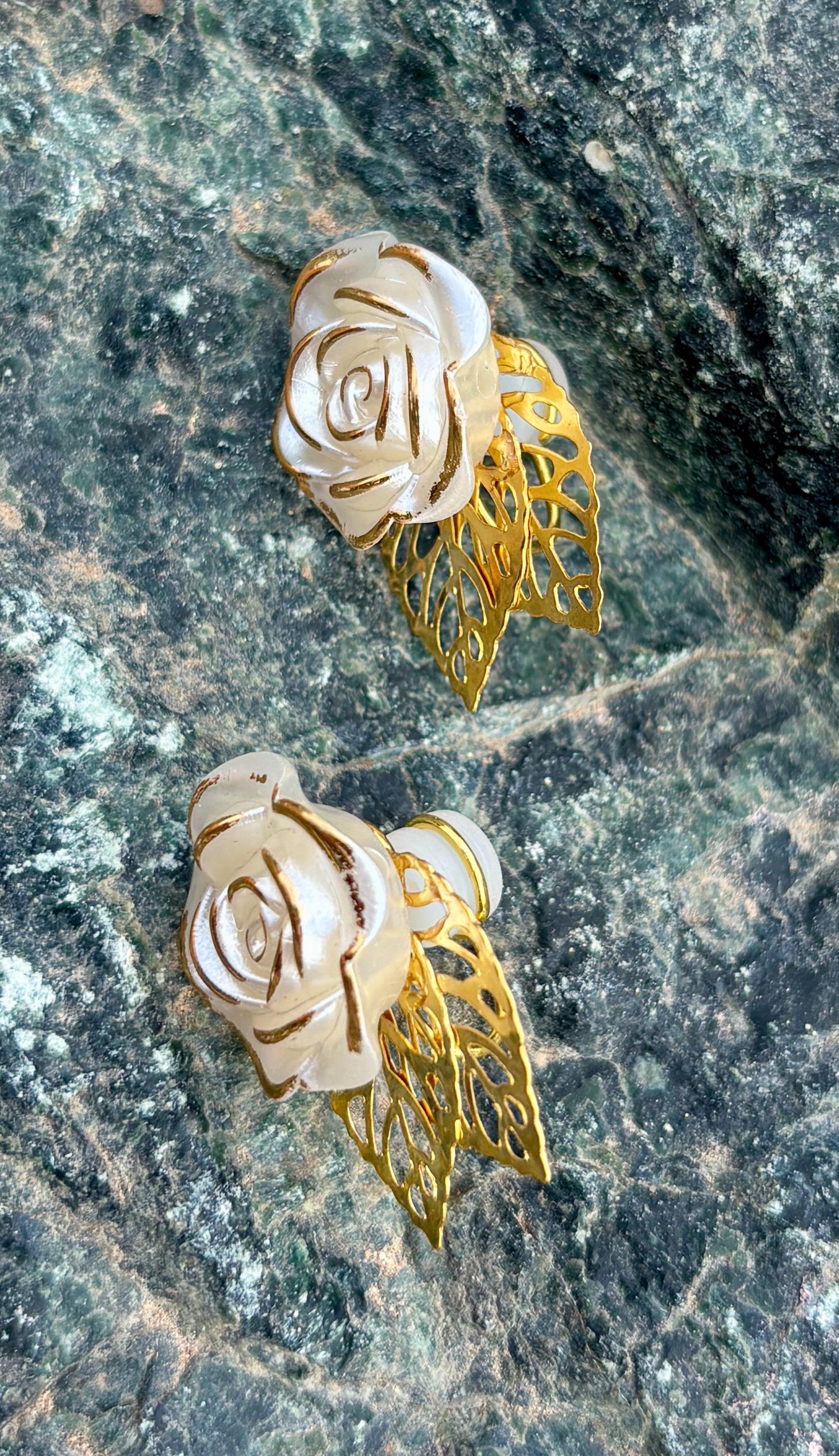Gold Leaf & White Flower Clip-On Earrings | Boho Chic Stud Earrings Consecrated Jewelry Co.