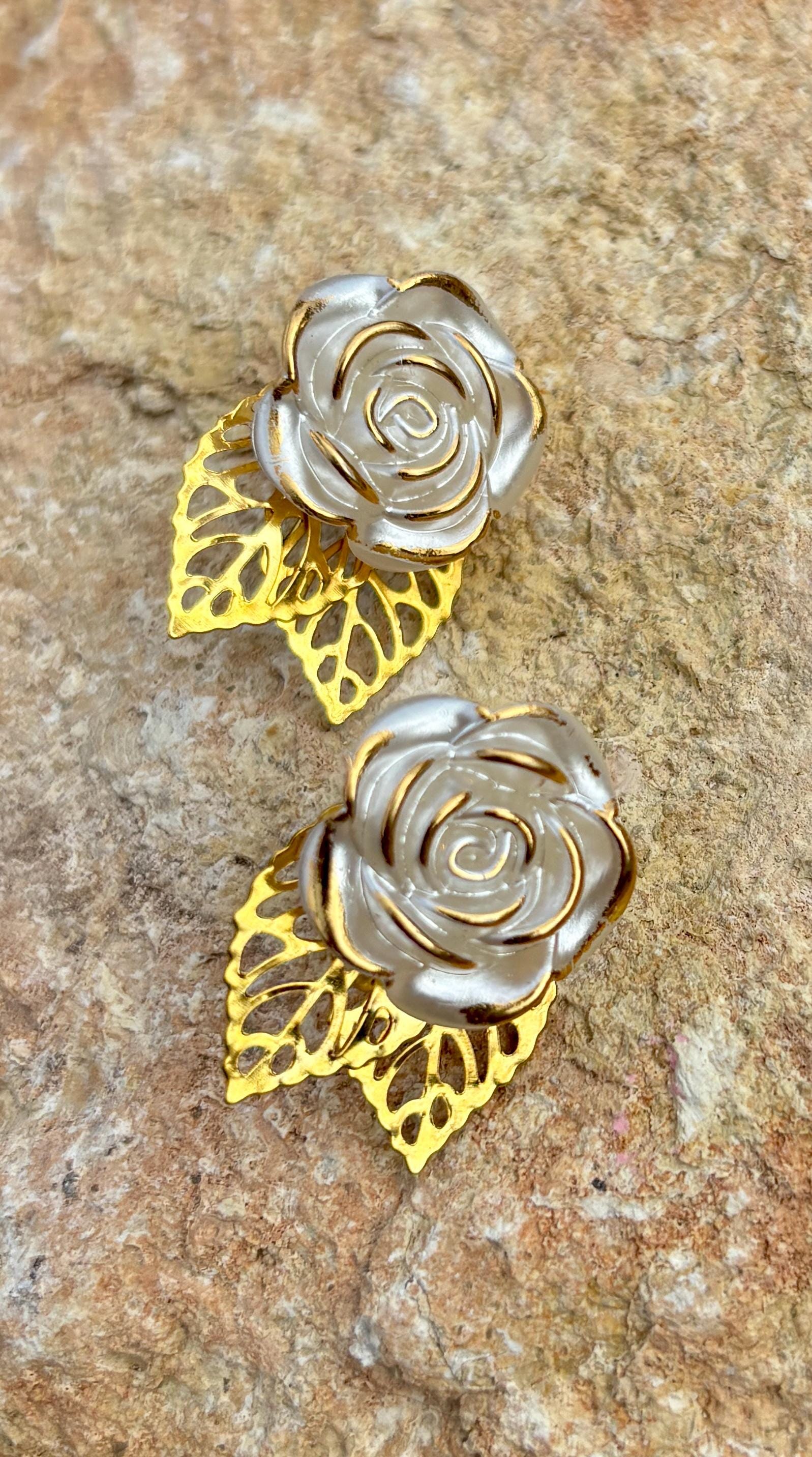 Gold Leaf & White Flower Clip-On Earrings | Boho Chic Stud Earrings Consecrated Jewelry Co.